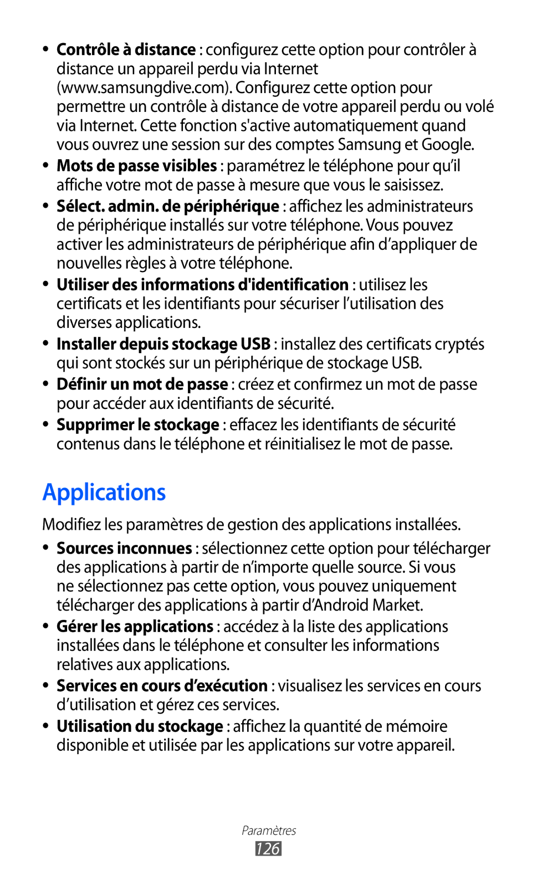 Samsung GT-S6500ZYDMTL, GT-S6500ZYDBGL, GT-S6500HADBGL, GT2S6500ZYDMTL Applications, ’utilisation et gérez ces services, 126 