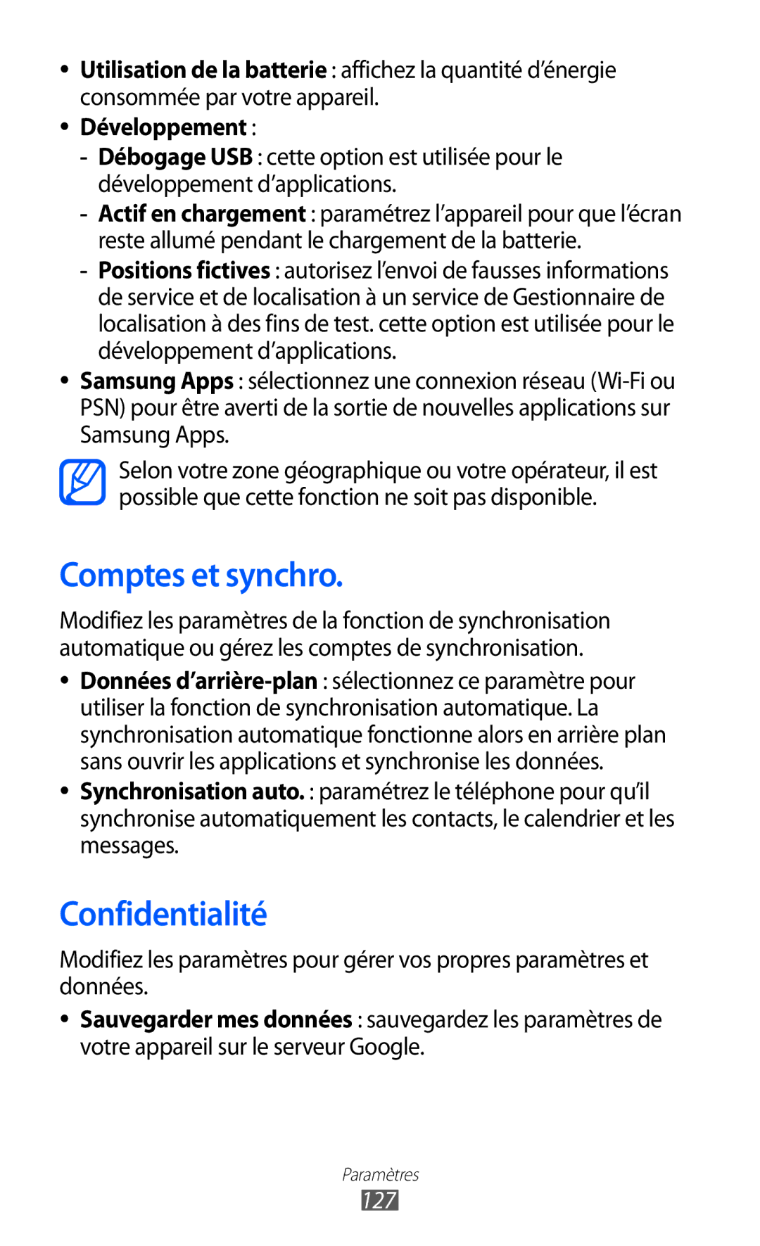 Samsung GT2S6500ZYDMTL, GT-S6500ZYDBGL, GT-S6500HADBGL manual Comptes et synchro, Confidentialité, Développement, 127 