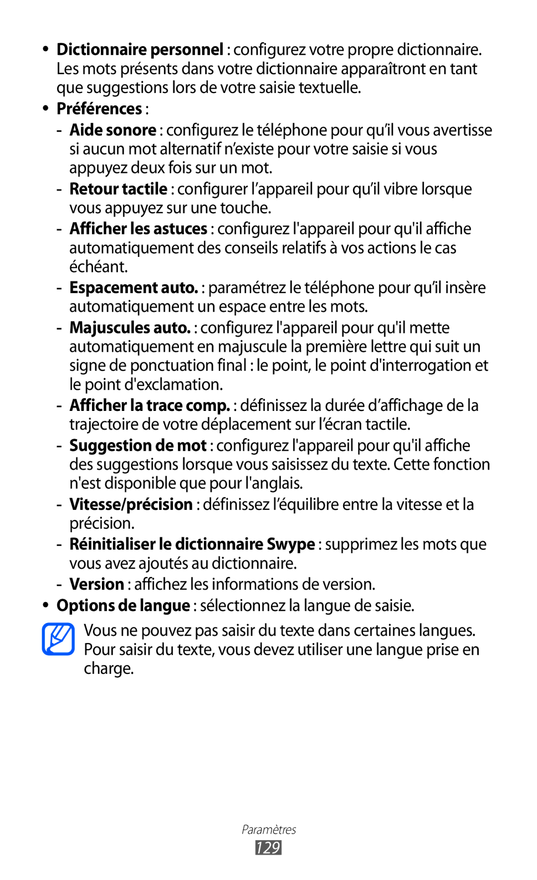 Samsung GT-S6500ZYDBGL, GT-S6500HADBGL, GT-S6500ZYDMTL, GT2S6500ZYDMTL, GT2S6500ZYDBGL manual Préférences, 129 