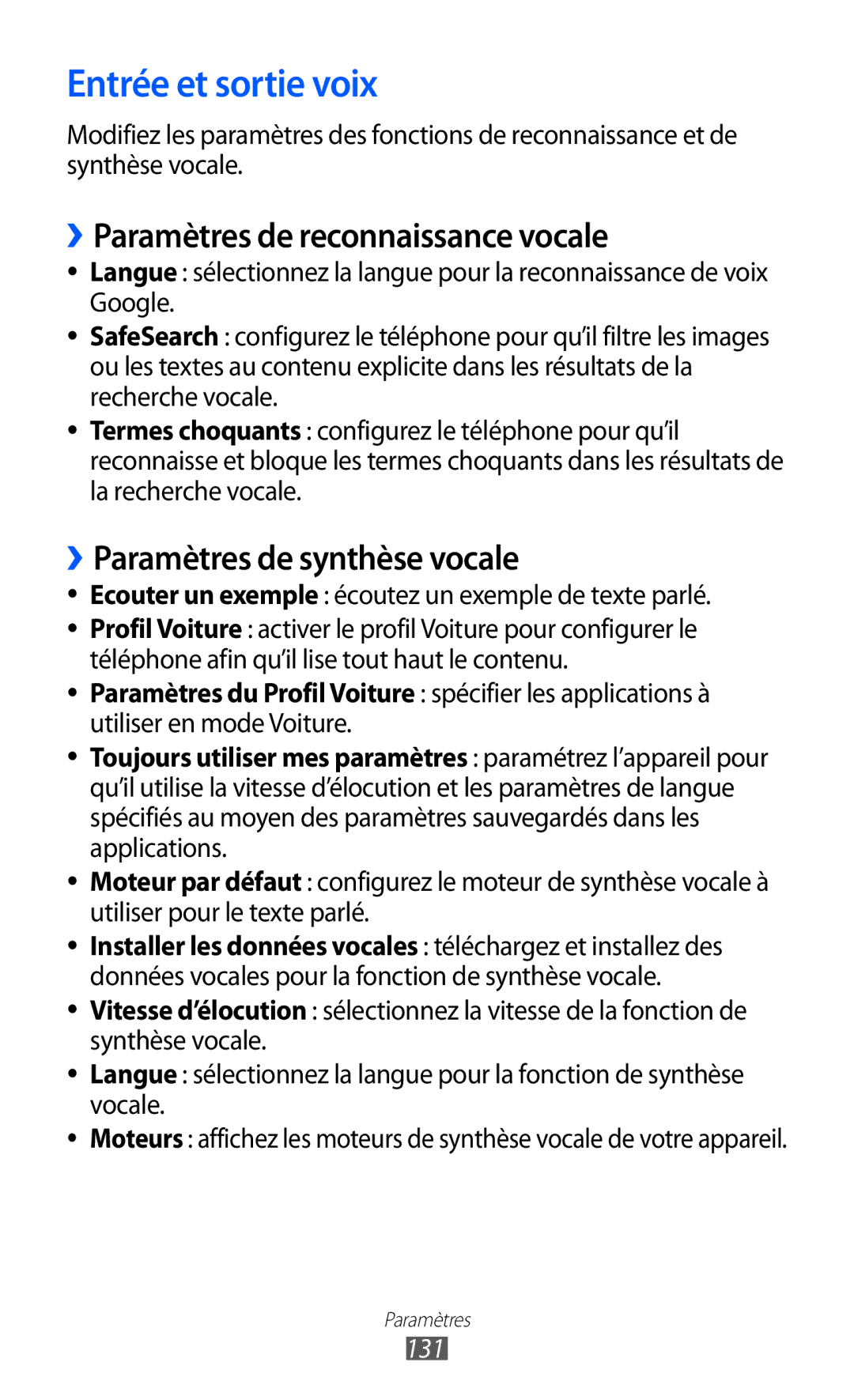 Samsung GT-S6500ZYDMTL Entrée et sortie voix, ››Paramètres de reconnaissance vocale, ››Paramètres de synthèse vocale, 131 