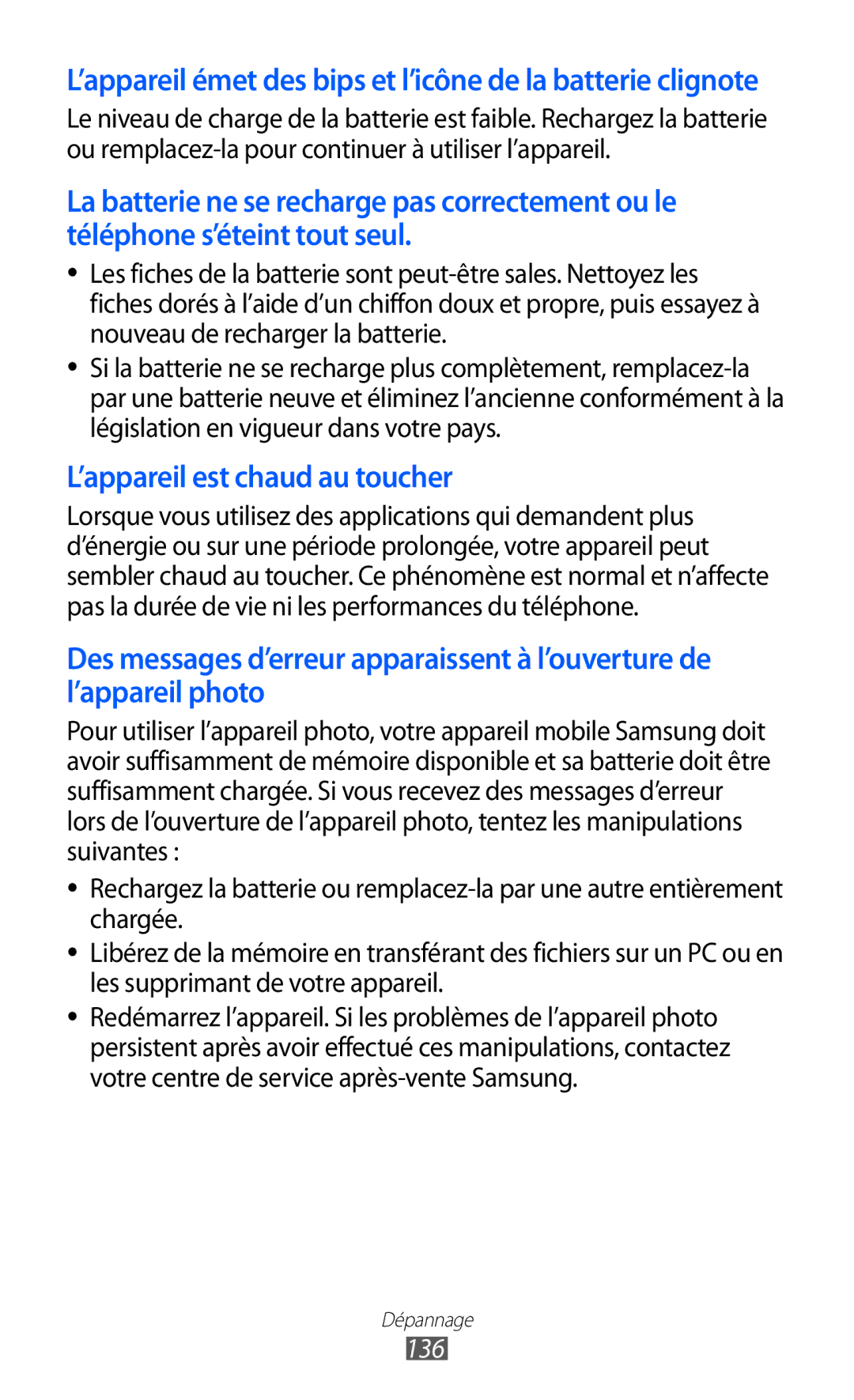 Samsung GT-S6500ZYDMTL, GT-S6500ZYDBGL, GT-S6500HADBGL manual ’appareil émet des bips et l’icône de la batterie clignote, 136 