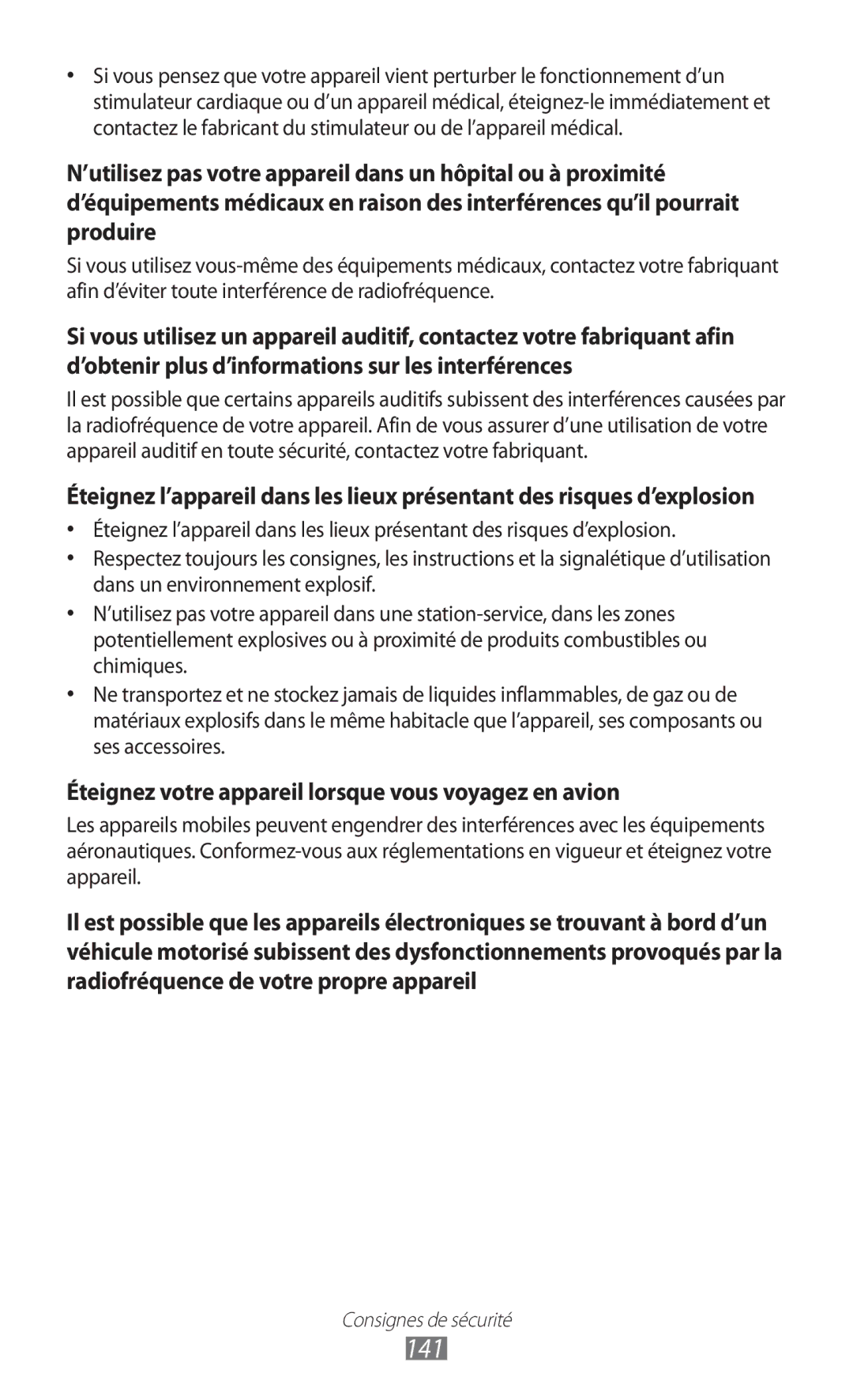 Samsung GT-S6500ZYDMTL, GT-S6500ZYDBGL, GT-S6500HADBGL manual 141, Éteignez votre appareil lorsque vous voyagez en avion 