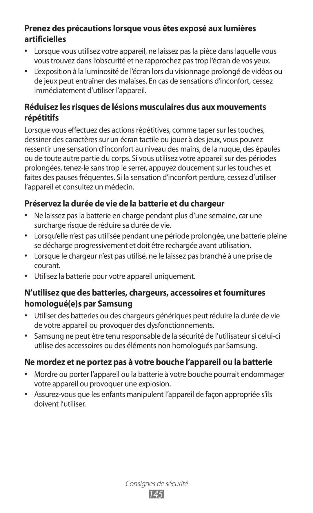 Samsung GT-S6500HADBGL, GT-S6500ZYDBGL, GT-S6500ZYDMTL manual 145, Préservez la durée de vie de la batterie et du chargeur 