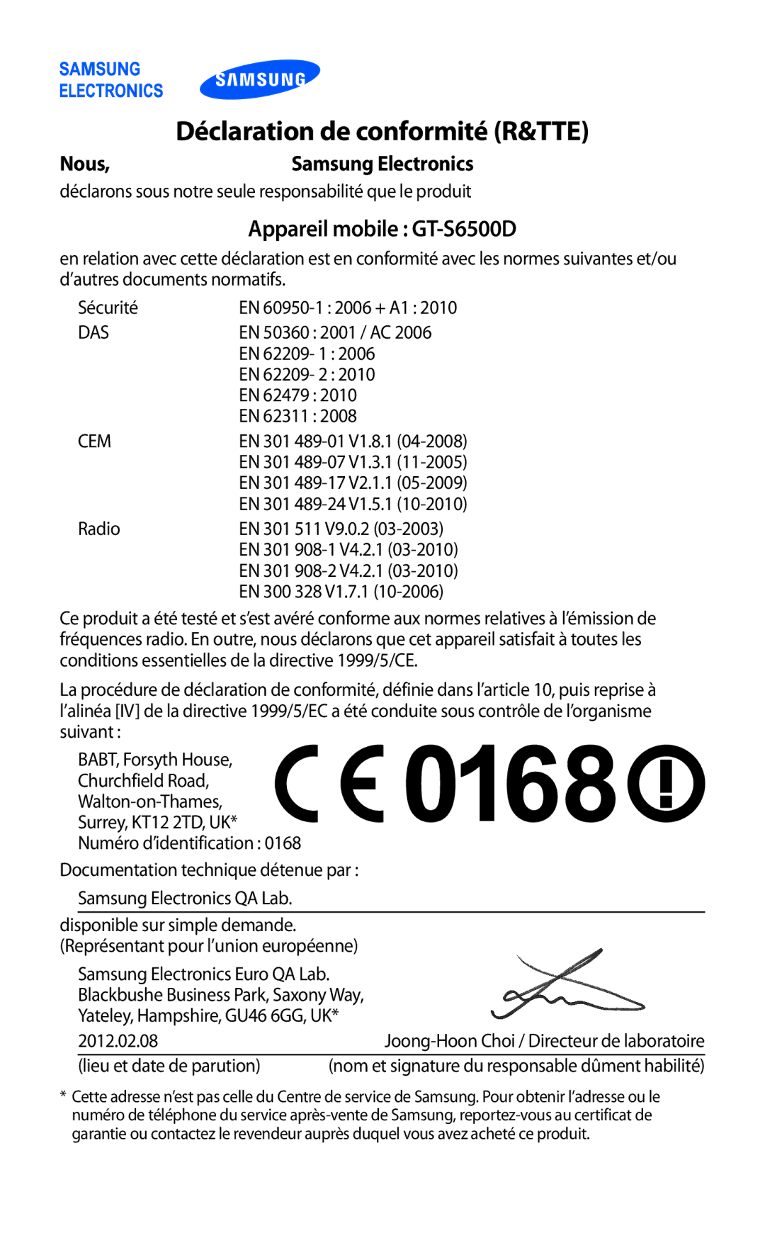 Samsung GT2S6500ZYDMTL, GT-S6500ZYDBGL, GT-S6500HADBGL, GT-S6500ZYDMTL, GT2S6500ZYDBGL manual Déclaration de conformité R&TTE 