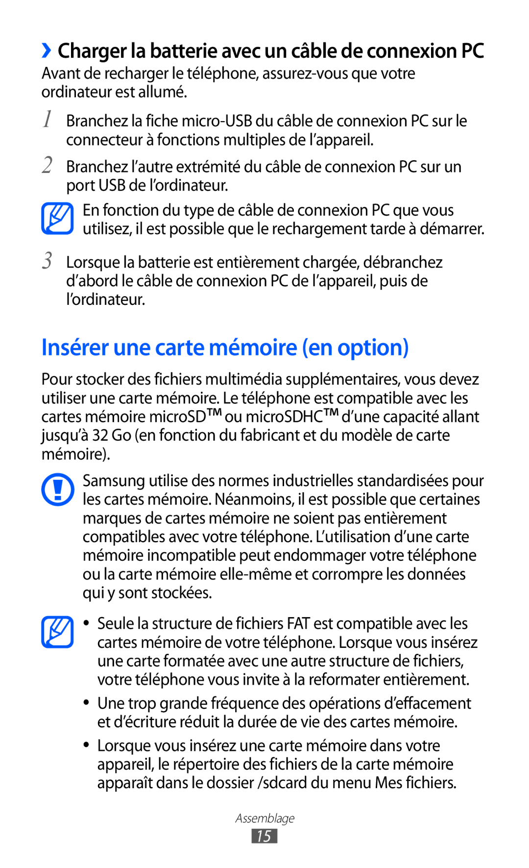 Samsung GT-S6500HADBGL manual Insérer une carte mémoire en option, ››Charger la batterie avec un câble de connexion PC 