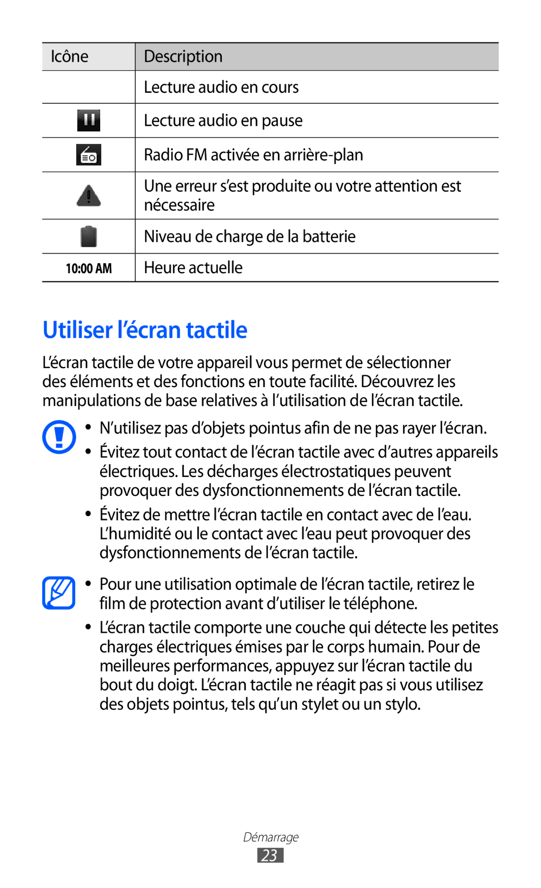 Samsung GT2S6500ZYDBGL manual Utiliser l’écran tactile, Nécessaire, Niveau de charge de la batterie, Heure actuelle 