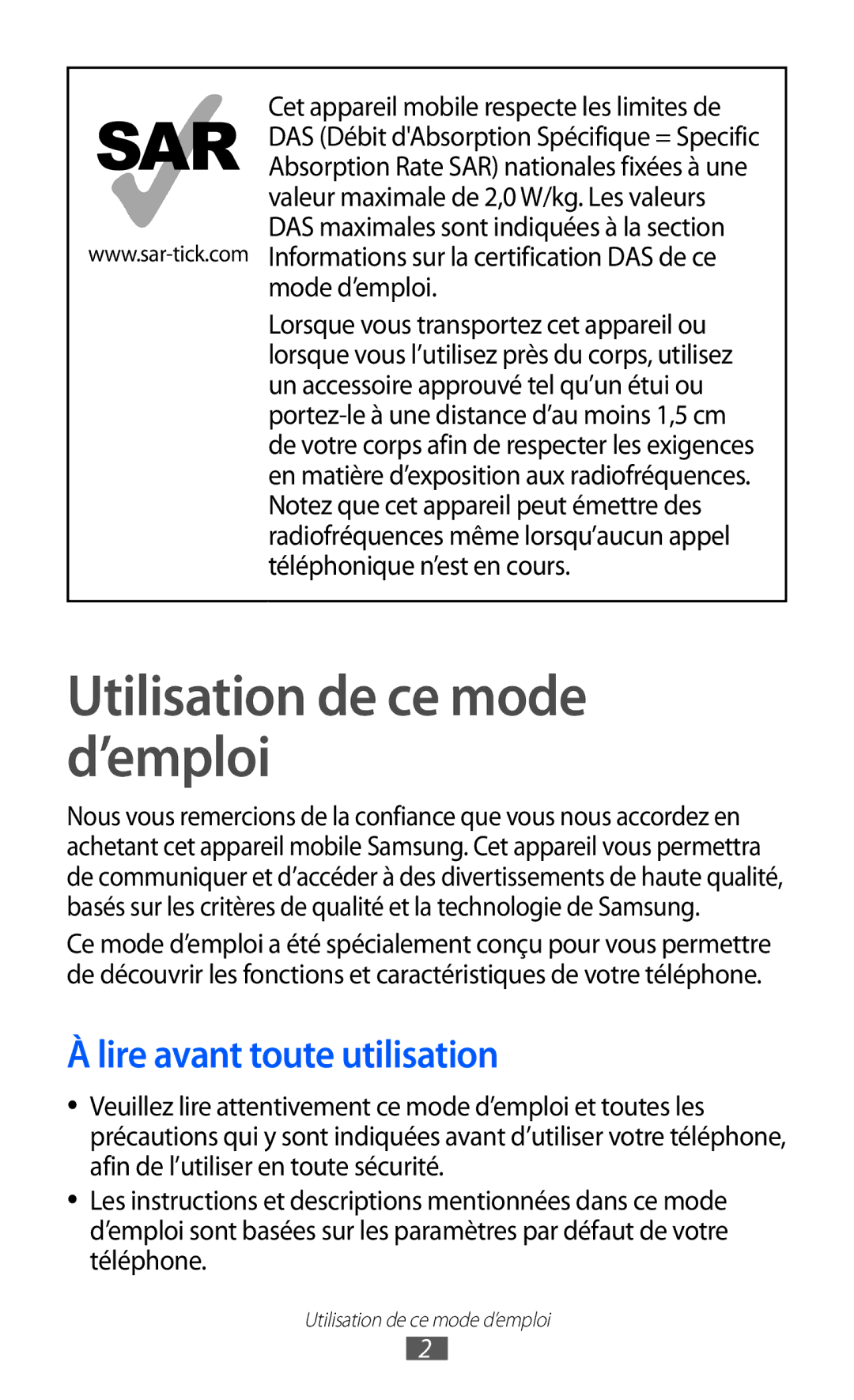 Samsung GT2S6500ZYDMTL, GT-S6500ZYDBGL, GT-S6500HADBGL manual Utilisation de ce mode d’emploi, Lire avant toute utilisation 