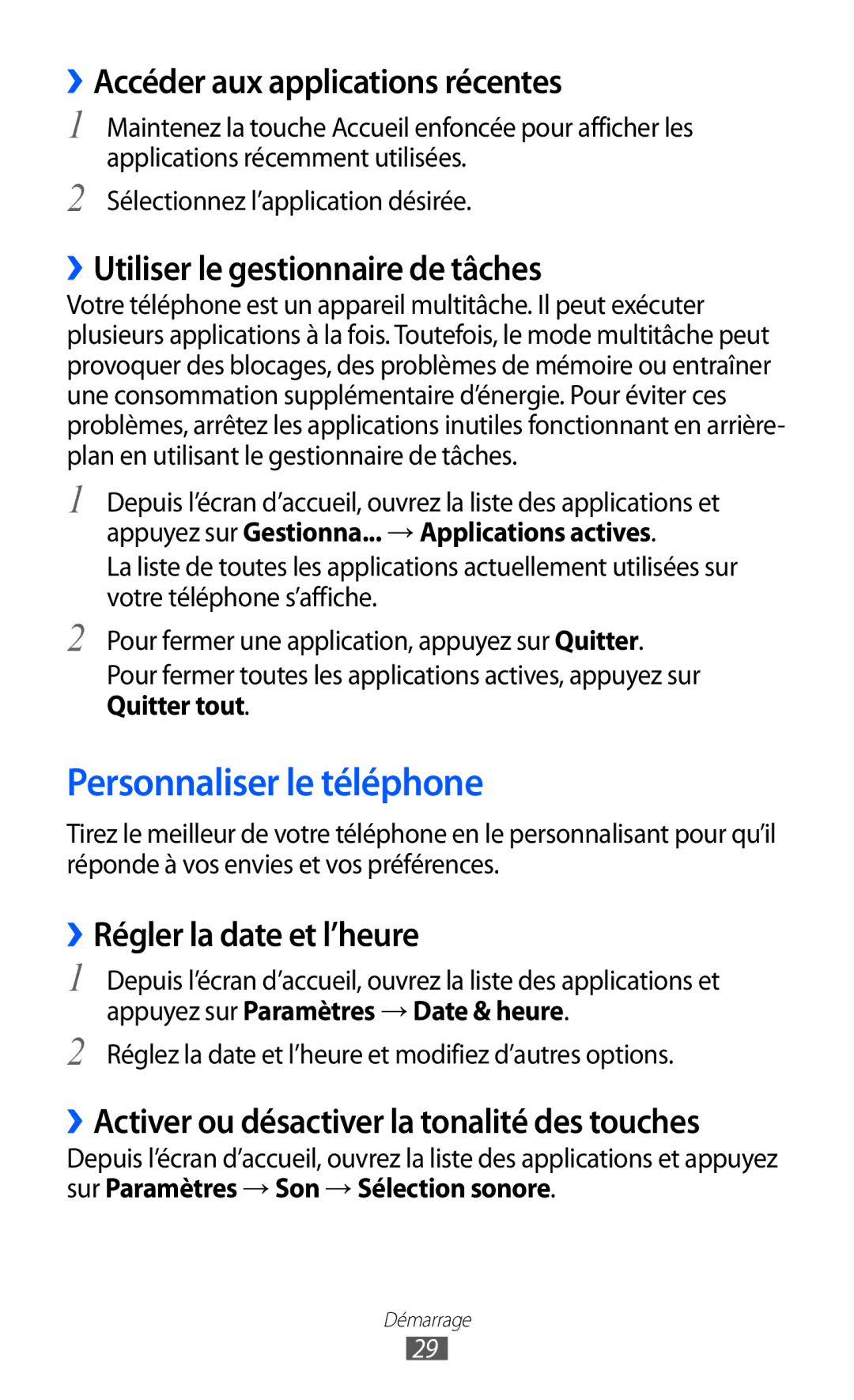 Samsung GT-S6500ZYDBGL manual Personnaliser le téléphone, ››Accéder aux applications récentes, ››Régler la date et l’heure 