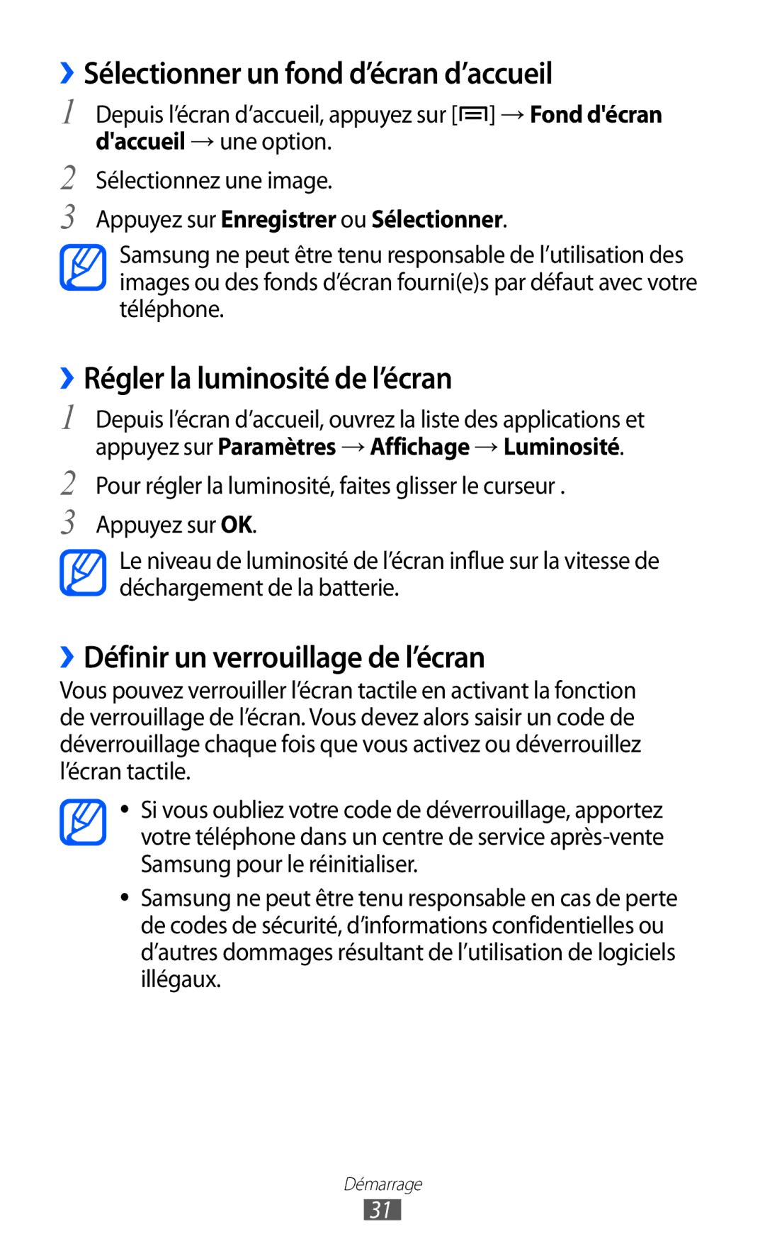 Samsung GT-S6500ZYDMTL, GT-S6500ZYDBGL manual ››Sélectionner un fond d’écran d’accueil, ››Régler la luminosité de l’écran 