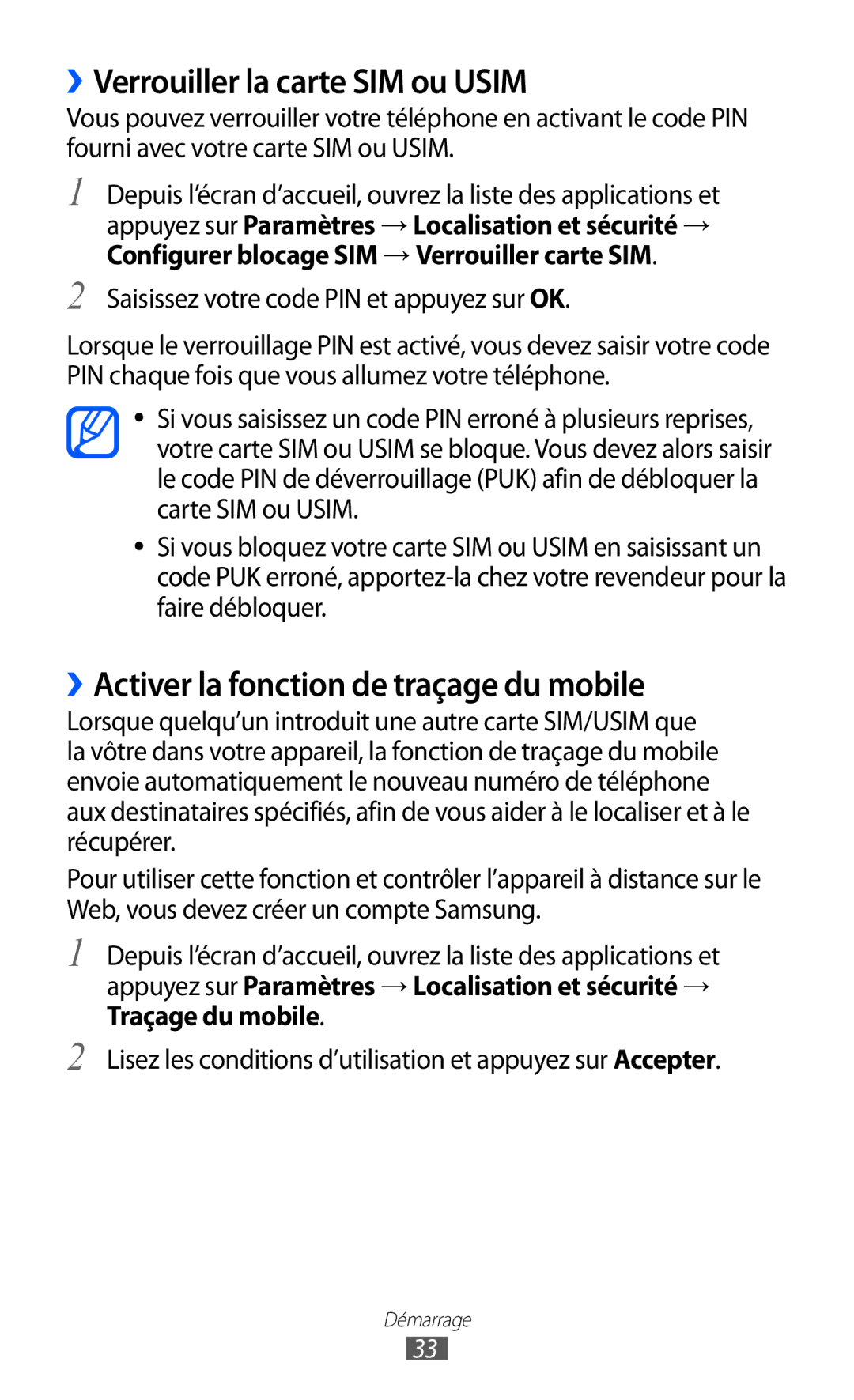 Samsung GT2S6500ZYDBGL, GT-S6500ZYDBGL manual ››Verrouiller la carte SIM ou Usim, ››Activer la fonction de traçage du mobile 