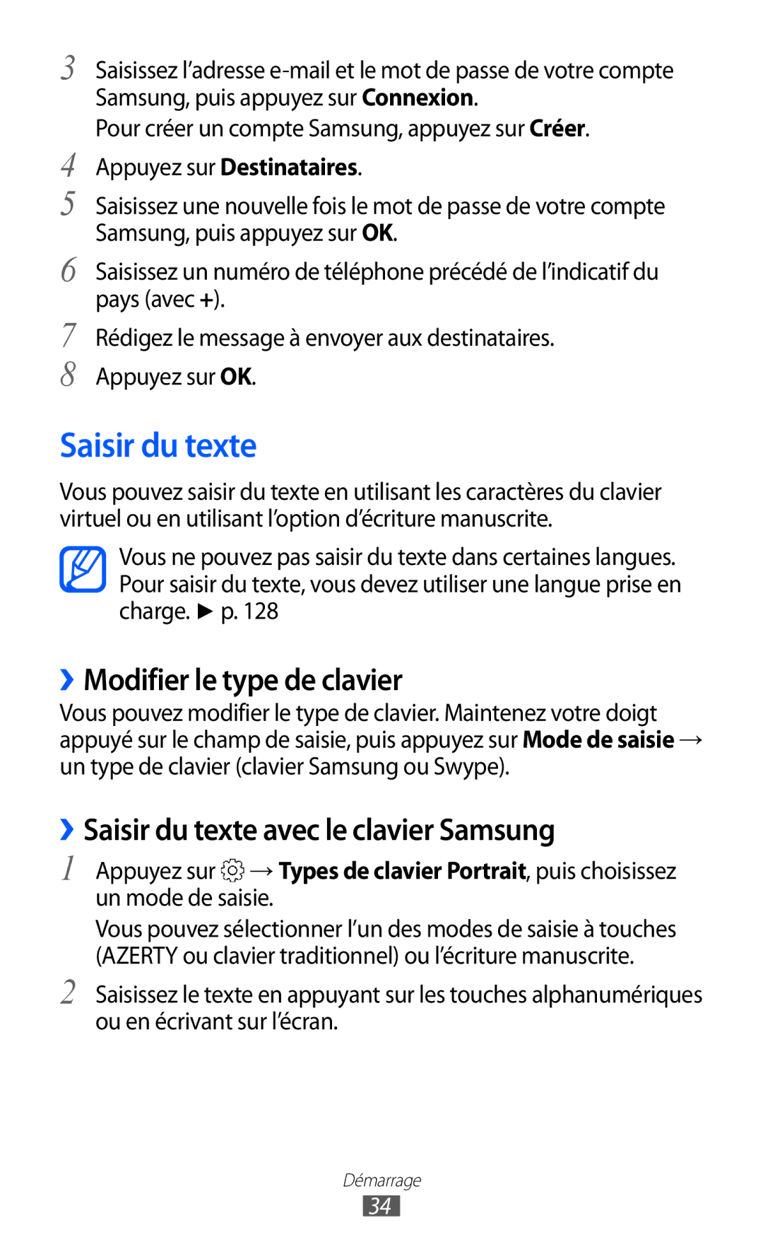 Samsung GT-S6500ZYDBGL, GT-S6500HADBGL manual ››Modifier le type de clavier, ››Saisir du texte avec le clavier Samsung 