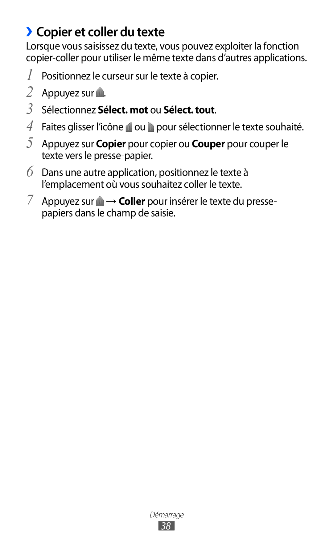 Samsung GT2S6500ZYDBGL manual ››Copier et coller du texte, Positionnez le curseur sur le texte à copier Appuyez sur 