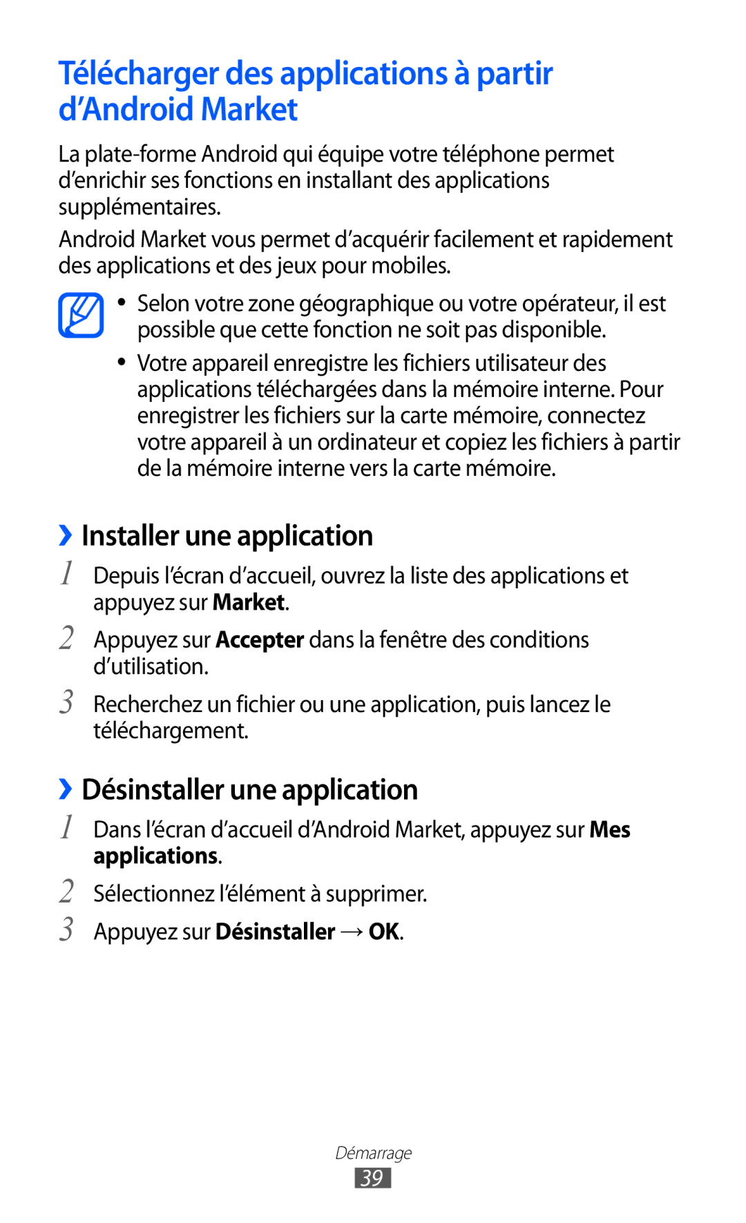 Samsung GT-S6500ZYDBGL, GT-S6500HADBGL Télécharger des applications à partir d’Android Market, ››Installer une application 