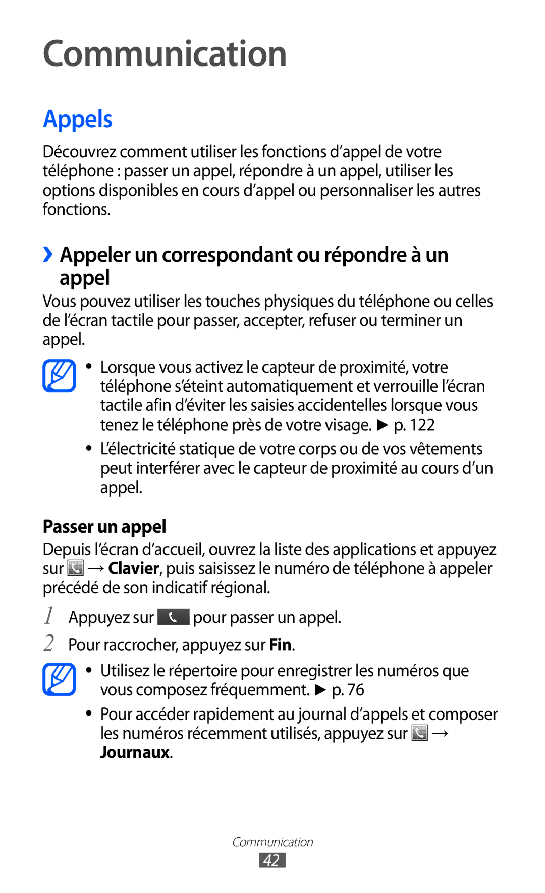 Samsung GT2S6500ZYDMTL, GT-S6500ZYDBGL manual Communication, Appels, ››Appeler un correspondant ou répondre à un appel 