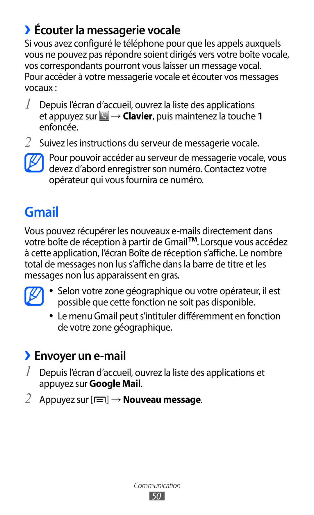 Samsung GT-S6500HADBGL, GT-S6500ZYDBGL, GT-S6500ZYDMTL manual Gmail, ››Écouter la messagerie vocale, ››Envoyer un e-mail 