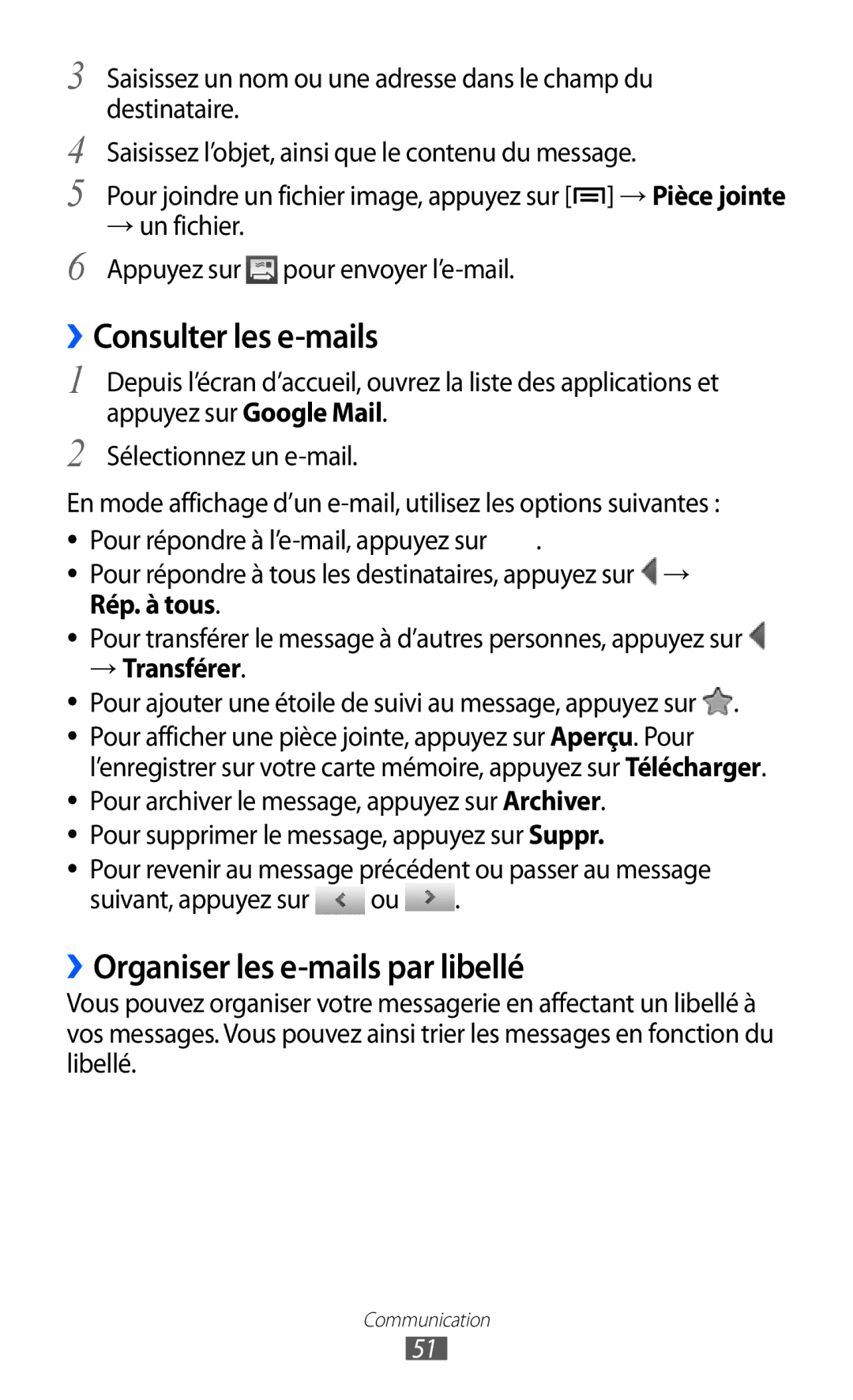 Samsung GT-S6500ZYDMTL, GT-S6500ZYDBGL manual ››Consulter les e-mails, ››Organiser les e-mails par libellé, → Transférer 