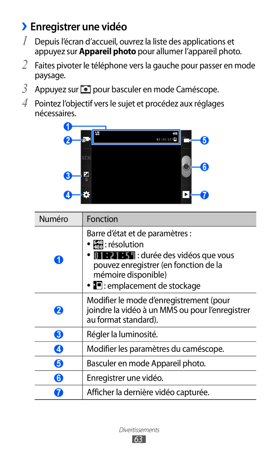 Samsung GT2S6500ZYDBGL, GT-S6500ZYDBGL, GT-S6500HADBGL, GT-S6500ZYDMTL, GT2S6500ZYDMTL manual ››Enregistrer une vidéo 