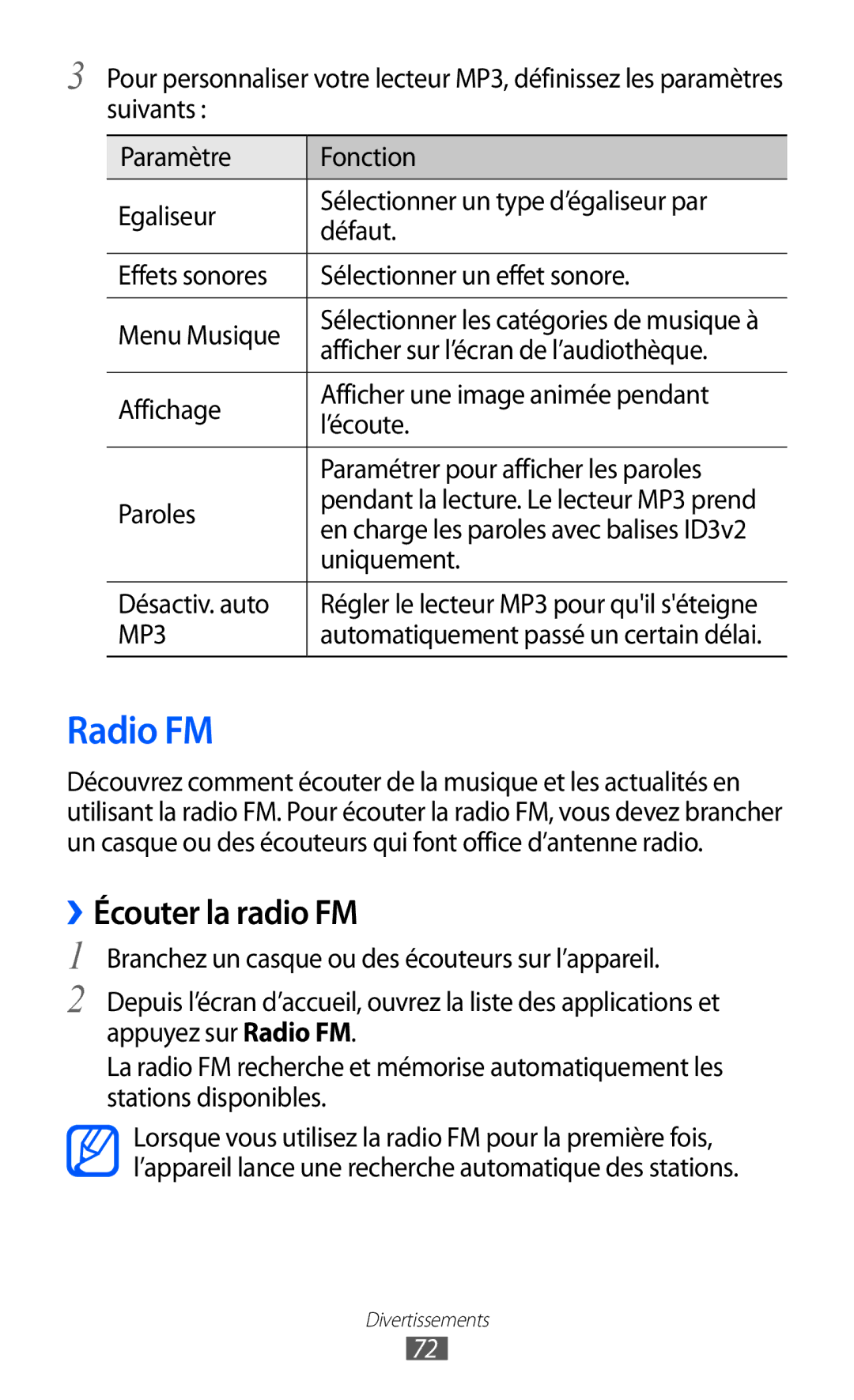 Samsung GT2S6500ZYDMTL Radio FM, ››Écouter la radio FM, Afficher sur l’écran de l’audiothèque, Uniquement, Désactiv. auto 