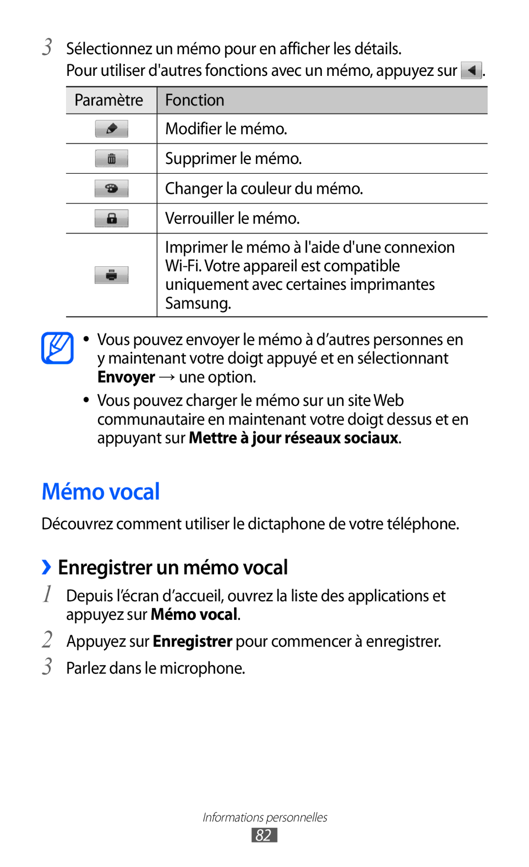 Samsung GT2S6500ZYDMTL manual Mémo vocal, ››Enregistrer un mémo vocal, Sélectionnez un mémo pour en afficher les détails 