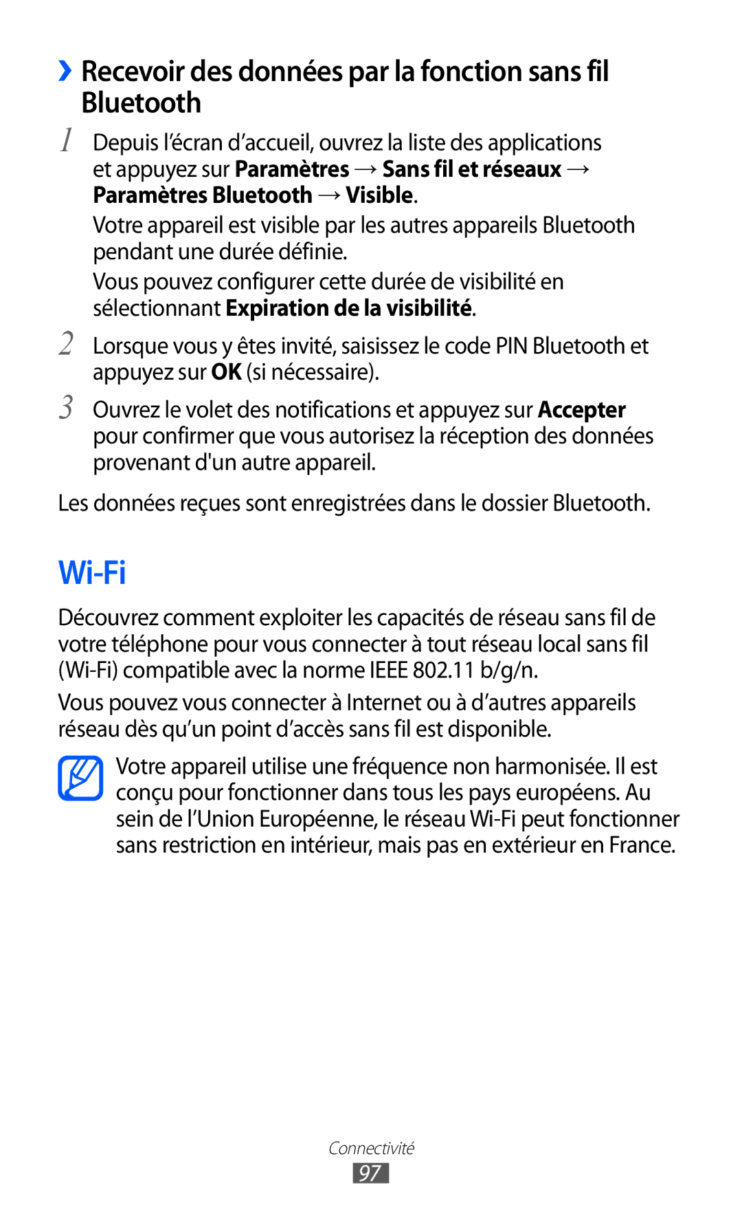 Samsung GT2S6500ZYDMTL, GT-S6500ZYDBGL, GT-S6500HADBGL Wi-Fi, ››Recevoir des données par la fonction sans fil Bluetooth 