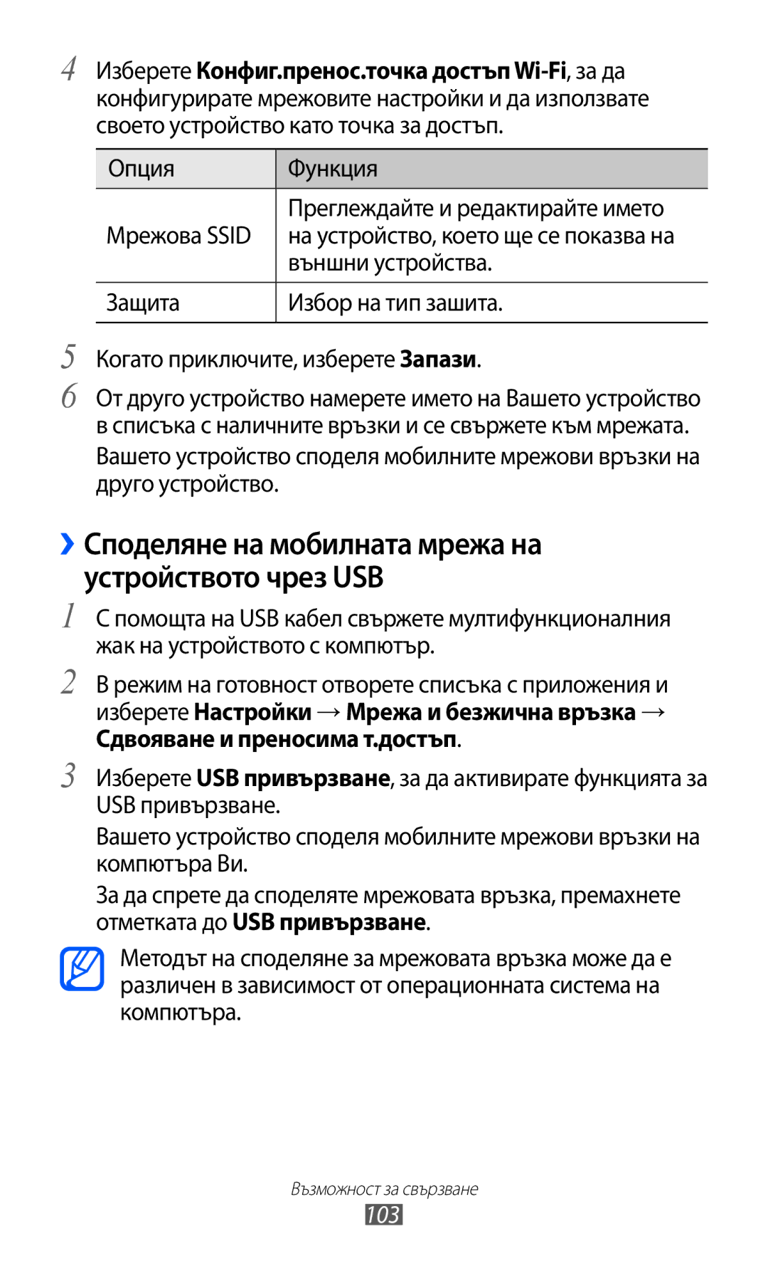 Samsung GT2S6500ZYDBGL, GT-S6500ZYDBGL ››Споделяне на мобилната мрежа на устройството чрез USB, Външни устройства, 103 