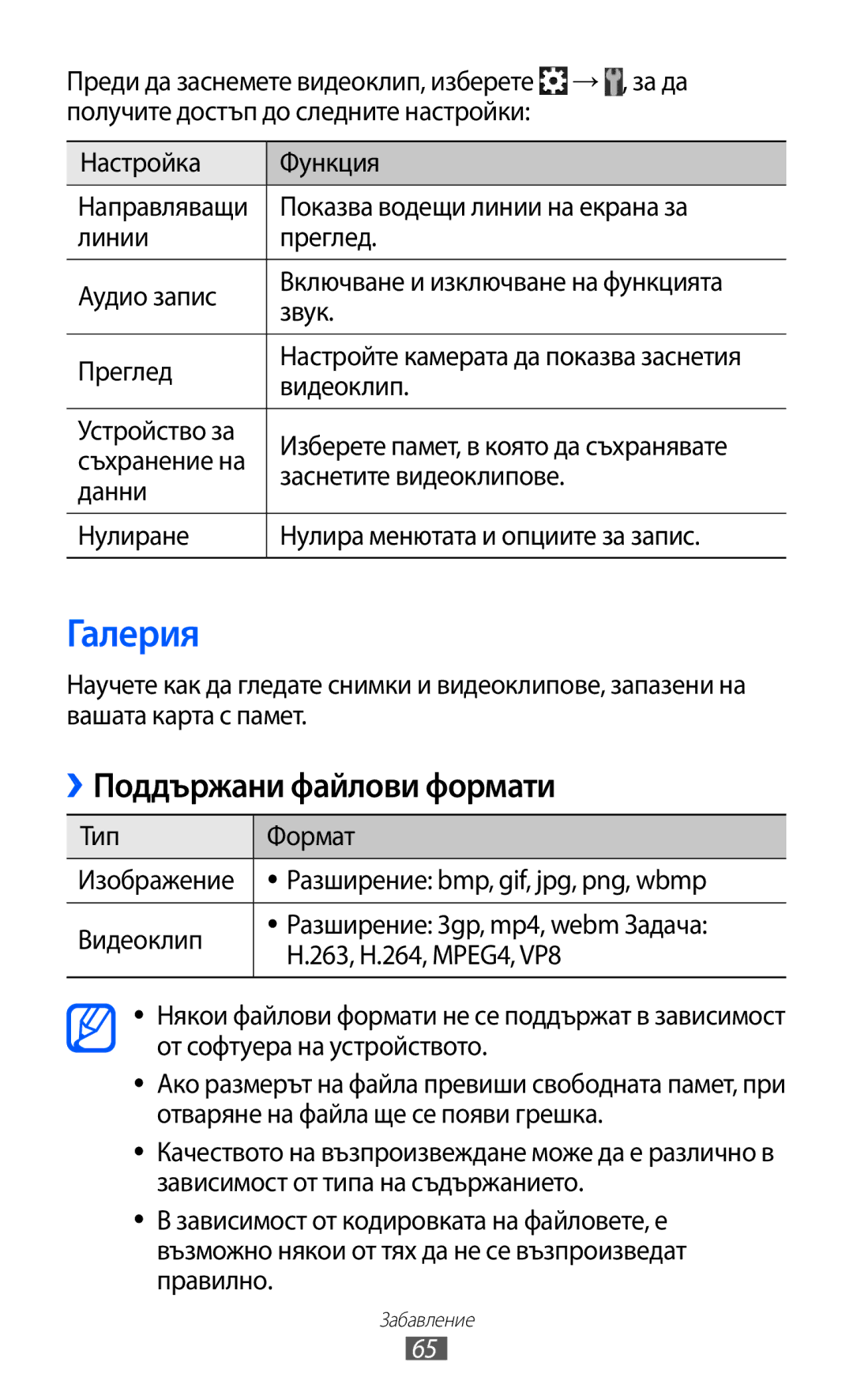 Samsung GT-S6500HADBGL, GT-S6500ZYDBGL, GT-S6500ZYDMTL manual Галерия, ››Поддържани файлови формати, Заснетите видеоклипове 