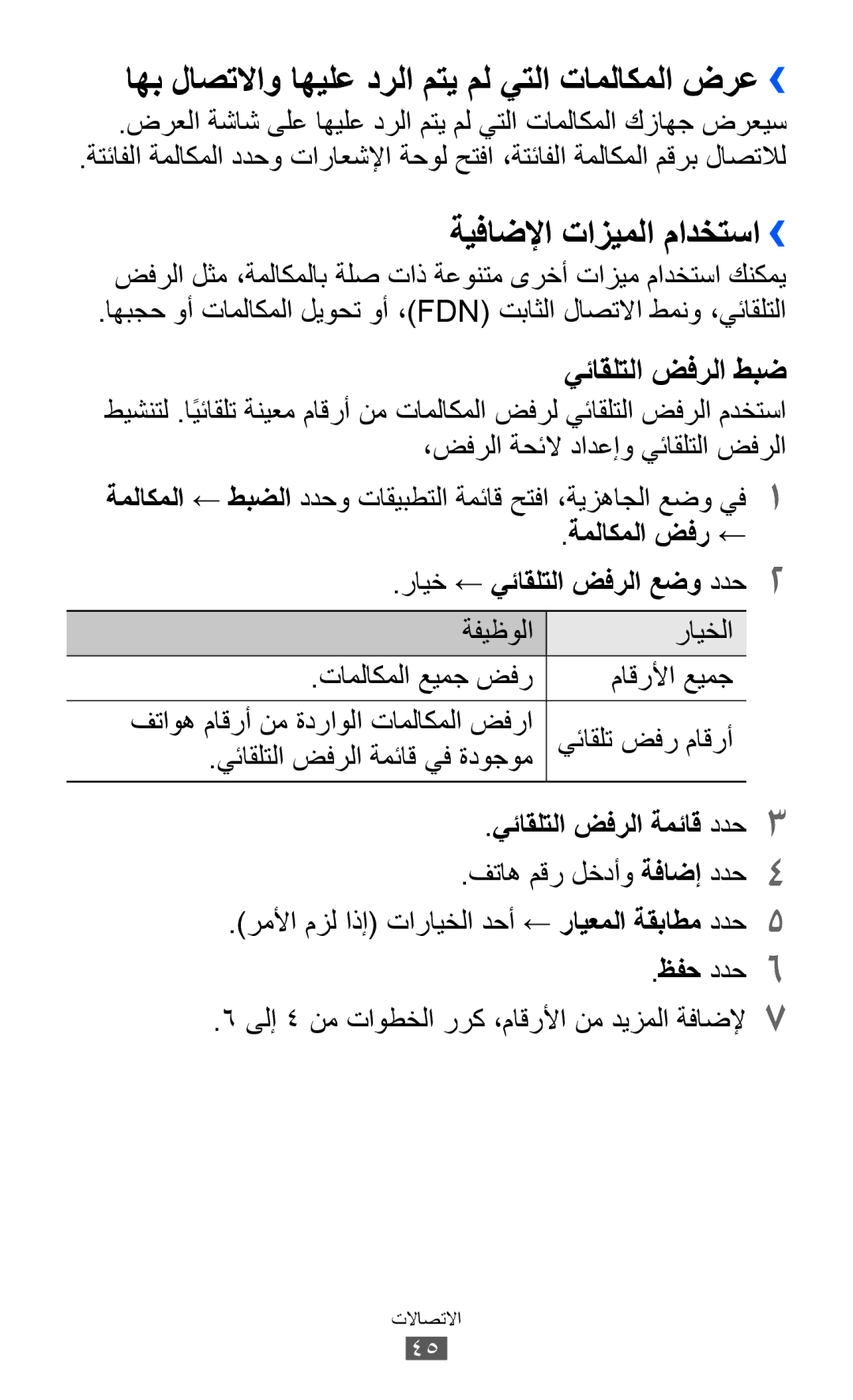 Samsung GT-S6500ZYDTMC اهب لاصتلااو اهيلع درلا متي مل يتلا تاملاكملا ضرع››, ةيفاضلإا تازيملا مادختسا››, ةملاكملا ضفر ← 