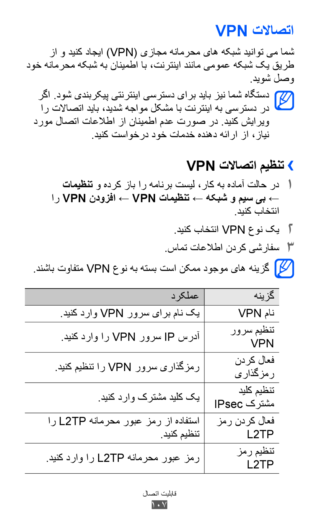 Samsung GT-S6500ZYDCAC, GT-S6500ZYDKSA manual Vpn تلااصتا میظنت››, دینک تساوخرد دوخ تامدخ هدنهد هئارا زا ،زاين, 107 