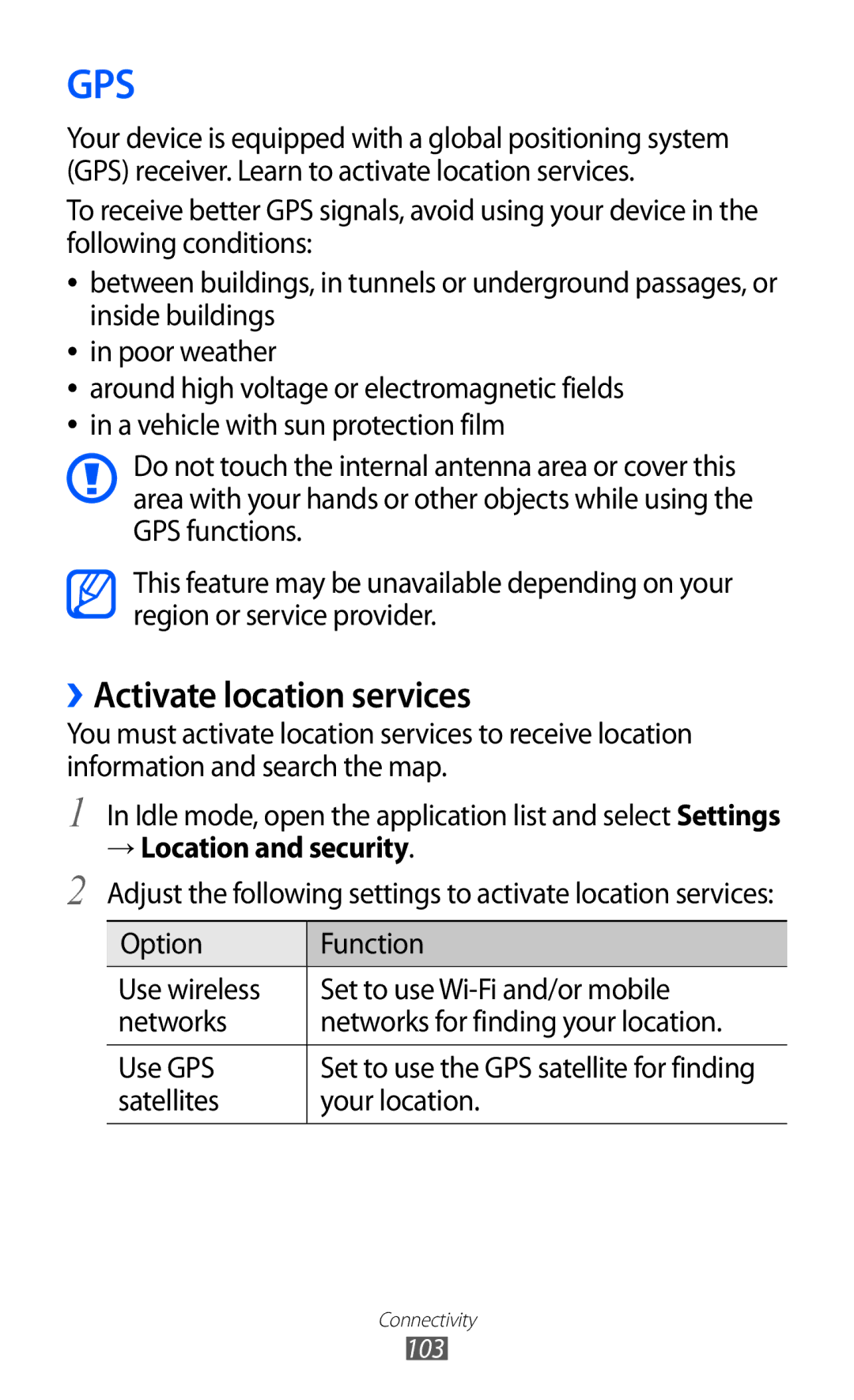 Samsung GT-S6500ZYDKSA, GT-S6500ZYDJED, GT-S6500ZYDAFG, GT-S6500ZYDTUN ››Activate location services, → Location and security 