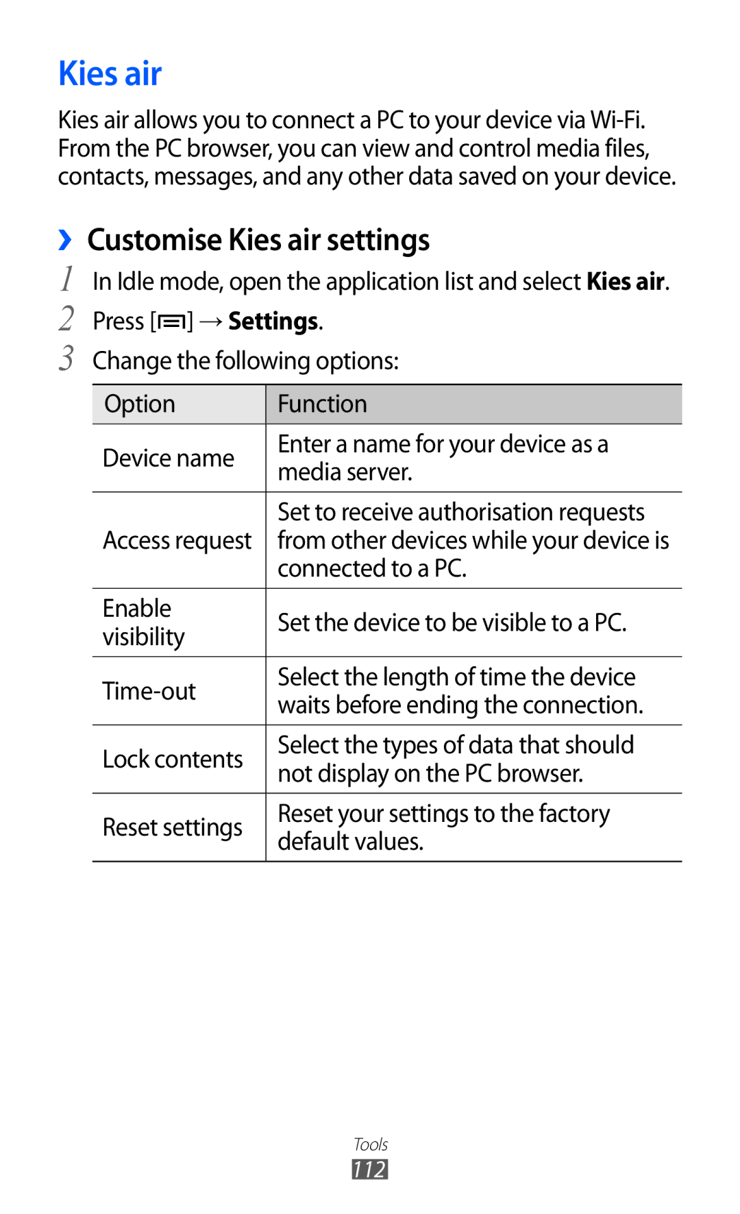 Samsung GT-S6500ZYDTMC, GT-S6500ZYDKSA, GT-S6500ZYDJED, GT-S6500ZYDAFG, GT-S6500ZYDTUN manual ››Customise Kies air settings 