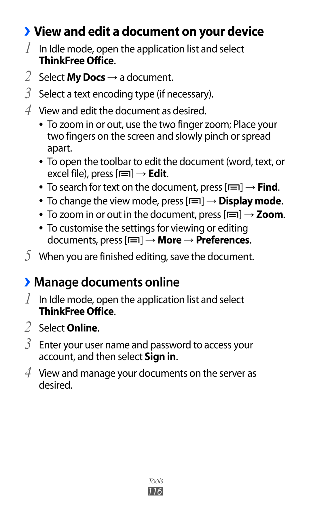 Samsung GT-S6500ZYDKSA, GT-S6500ZYDJED, GT-S6500ZYDAFG ››View and edit a document on your device, ››Manage documents online 