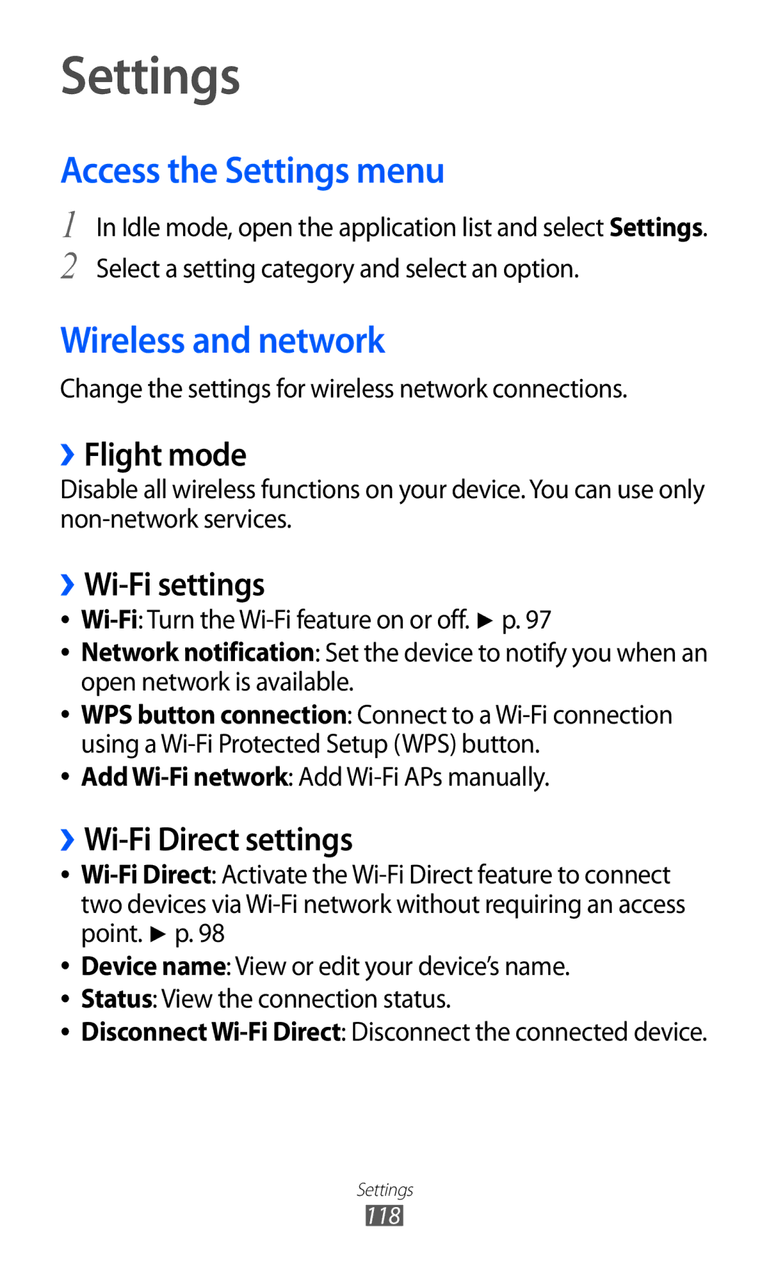 Samsung GT-S6500ZYDAFG, GT-S6500ZYDKSA, GT-S6500ZYDJED, GT-S6500ZYDTUN Access the Settings menu, Wireless and network 