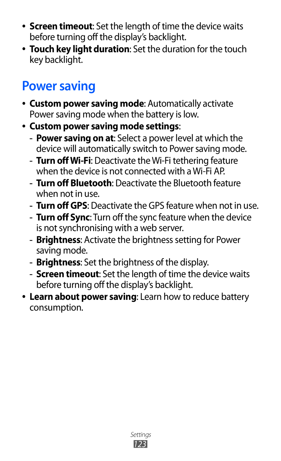 Samsung GT-S6500ZYDAFR, GT-S6500ZYDKSA, GT-S6500ZYDJED, GT-S6500ZYDAFG manual Power saving, Custom power saving mode settings 