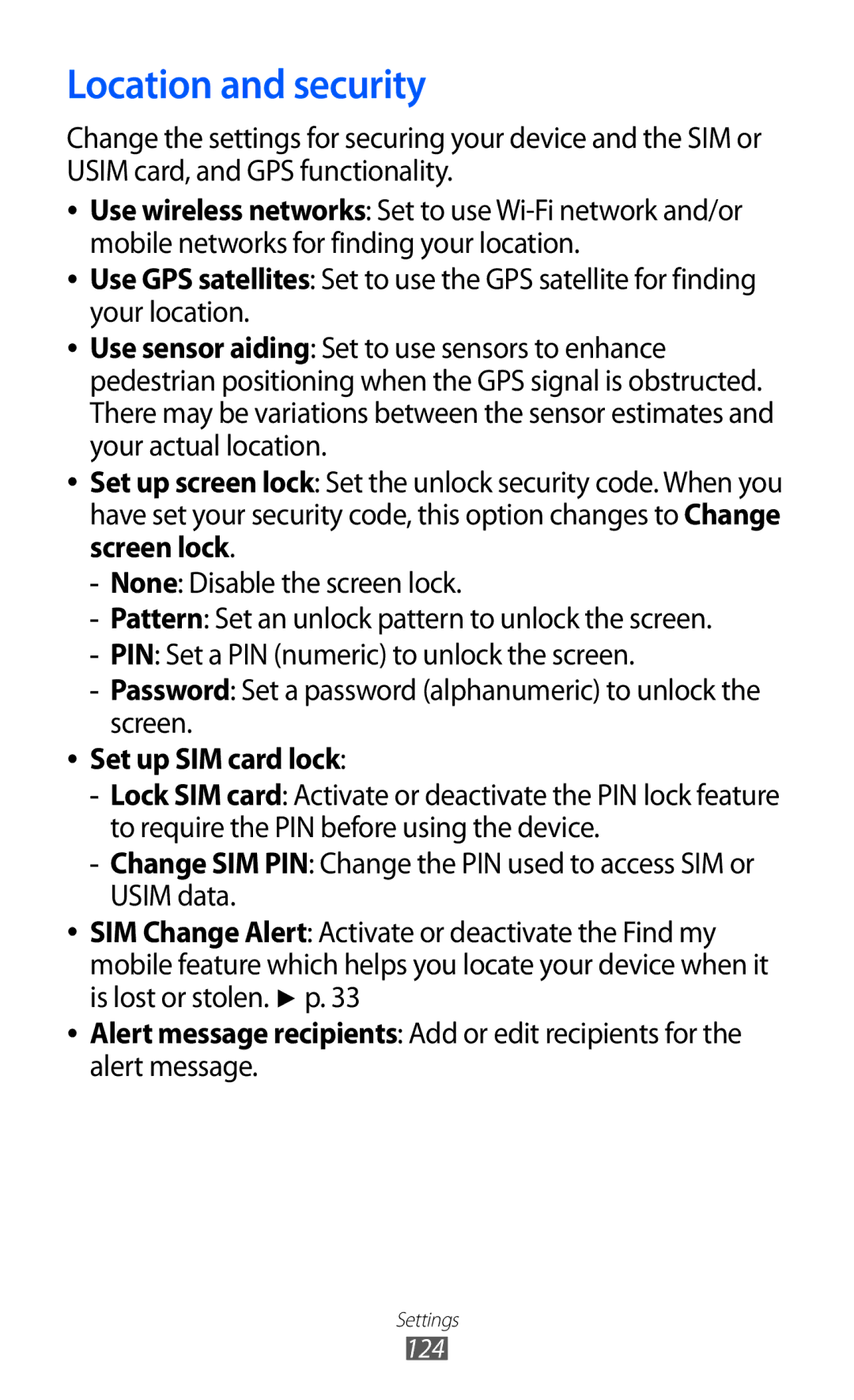 Samsung GT-S6500ZYDEGY, GT-S6500ZYDKSA, GT-S6500ZYDJED, GT-S6500ZYDAFG manual Location and security, Set up SIM card lock 