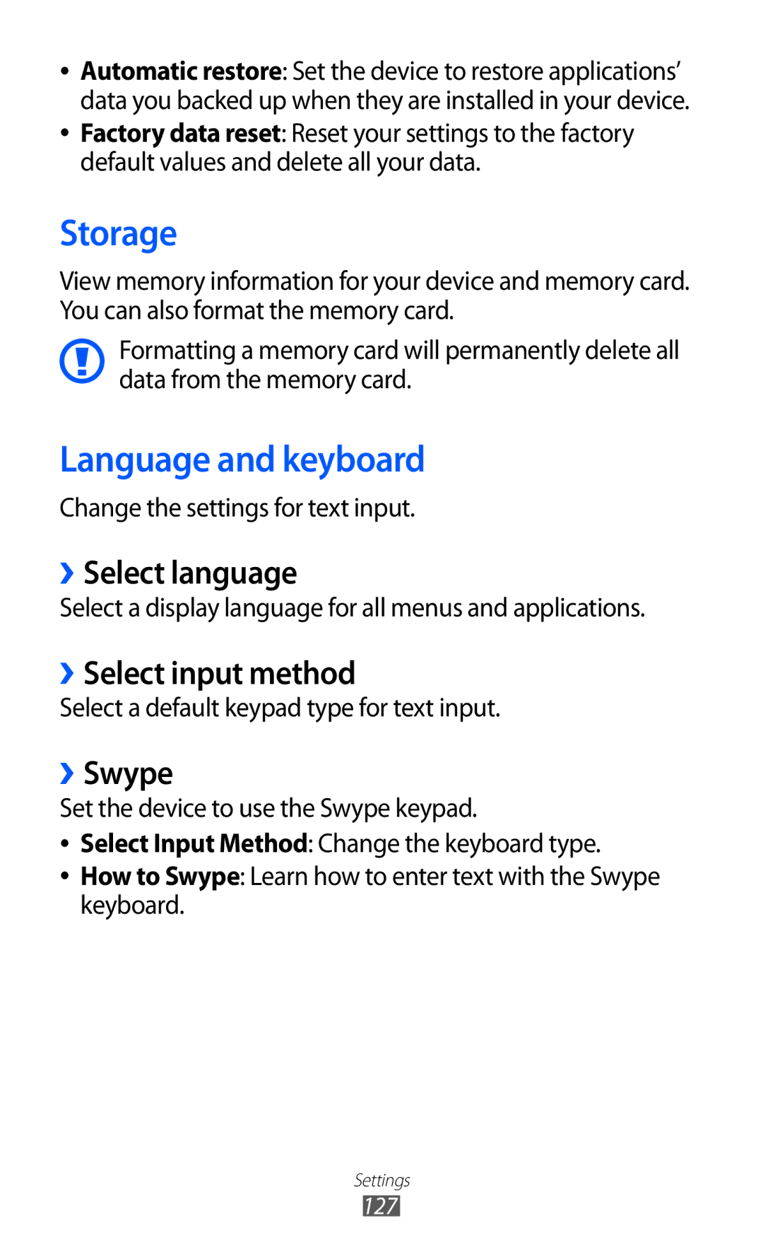 Samsung GT-S6500ZYDCAC, GT-S6500ZYDKSA Storage, Language and keyboard, ››Select language, ››Select input method, ››Swype 