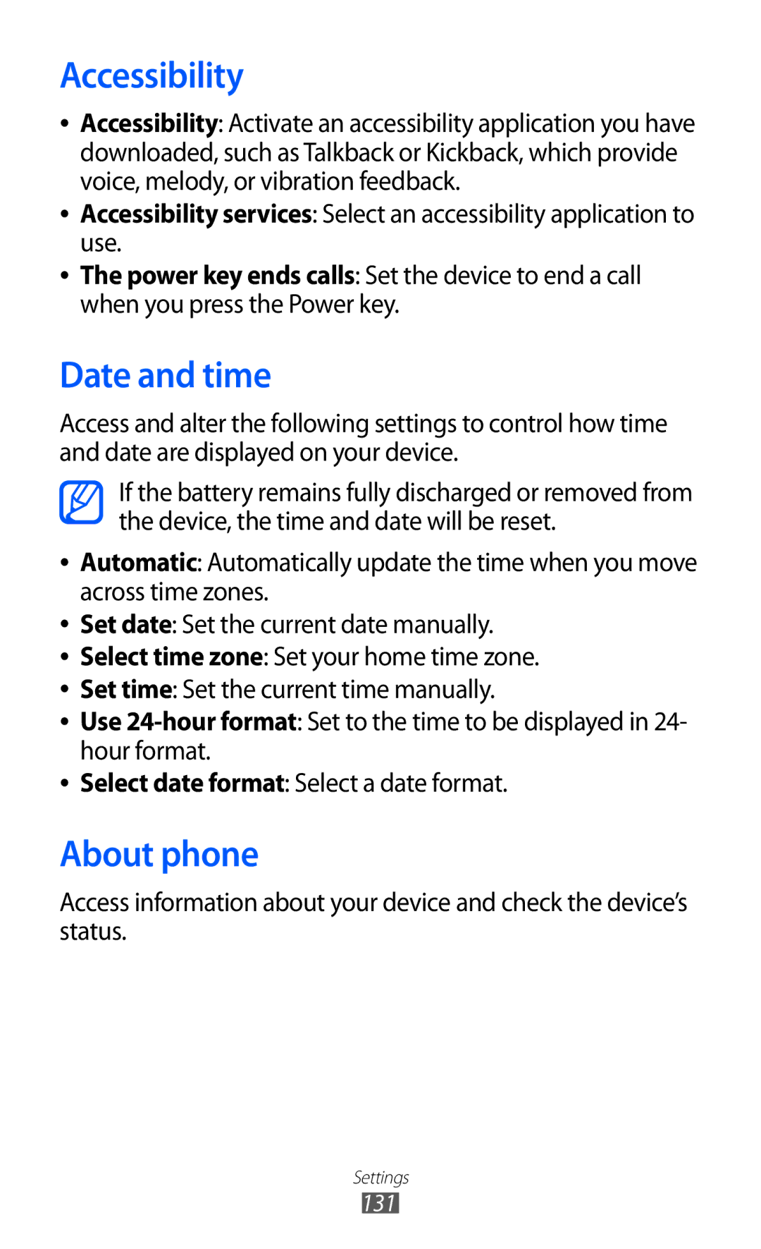 Samsung GT-S6500ZYDAFG, GT-S6500ZYDKSA, GT-S6500ZYDJED, GT-S6500ZYDTUN manual Accessibility, Date and time, About phone 