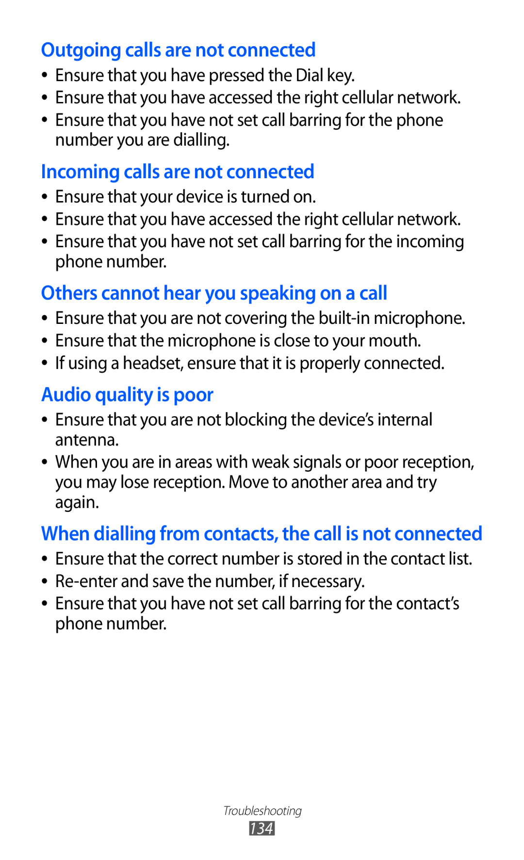 Samsung GT-S6500ZYDTHR, GT-S6500ZYDKSA, GT-S6500ZYDJED, GT-S6500ZYDAFG, GT-S6500ZYDTUN manual Outgoing calls are not connected 