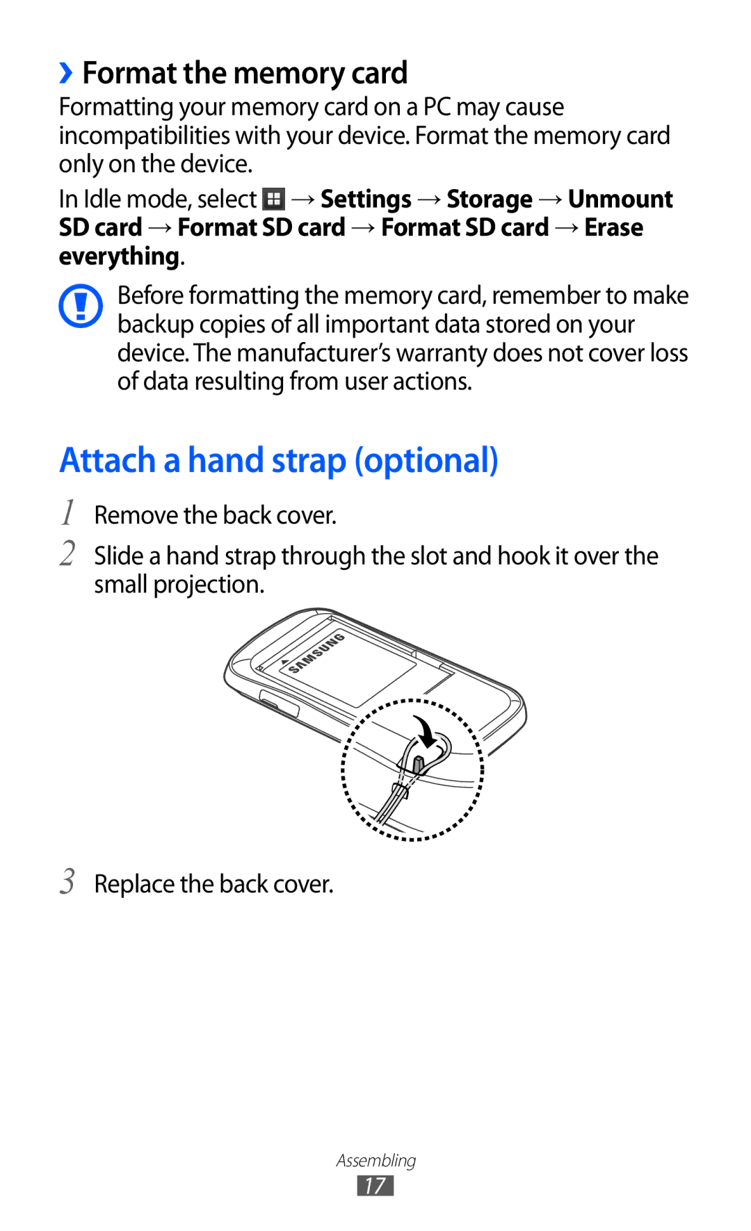 Samsung GT-S6500ZYDTHR, GT-S6500ZYDKSA, GT-S6500ZYDJED manual Attach a hand strap optional, ››Format the memory card 