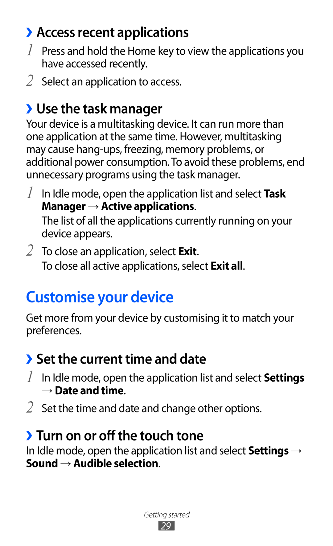 Samsung GT-S6500HADAFR, GT-S6500ZYDKSA manual Customise your device, ››Access recent applications, ››Use the task manager 