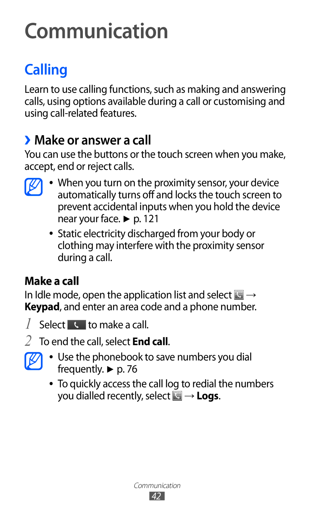 Samsung GT-S6500HADAFR, GT-S6500ZYDKSA, GT-S6500ZYDJED, GT-S6500ZYDAFG manual Communication, Calling, ››Make or answer a call 