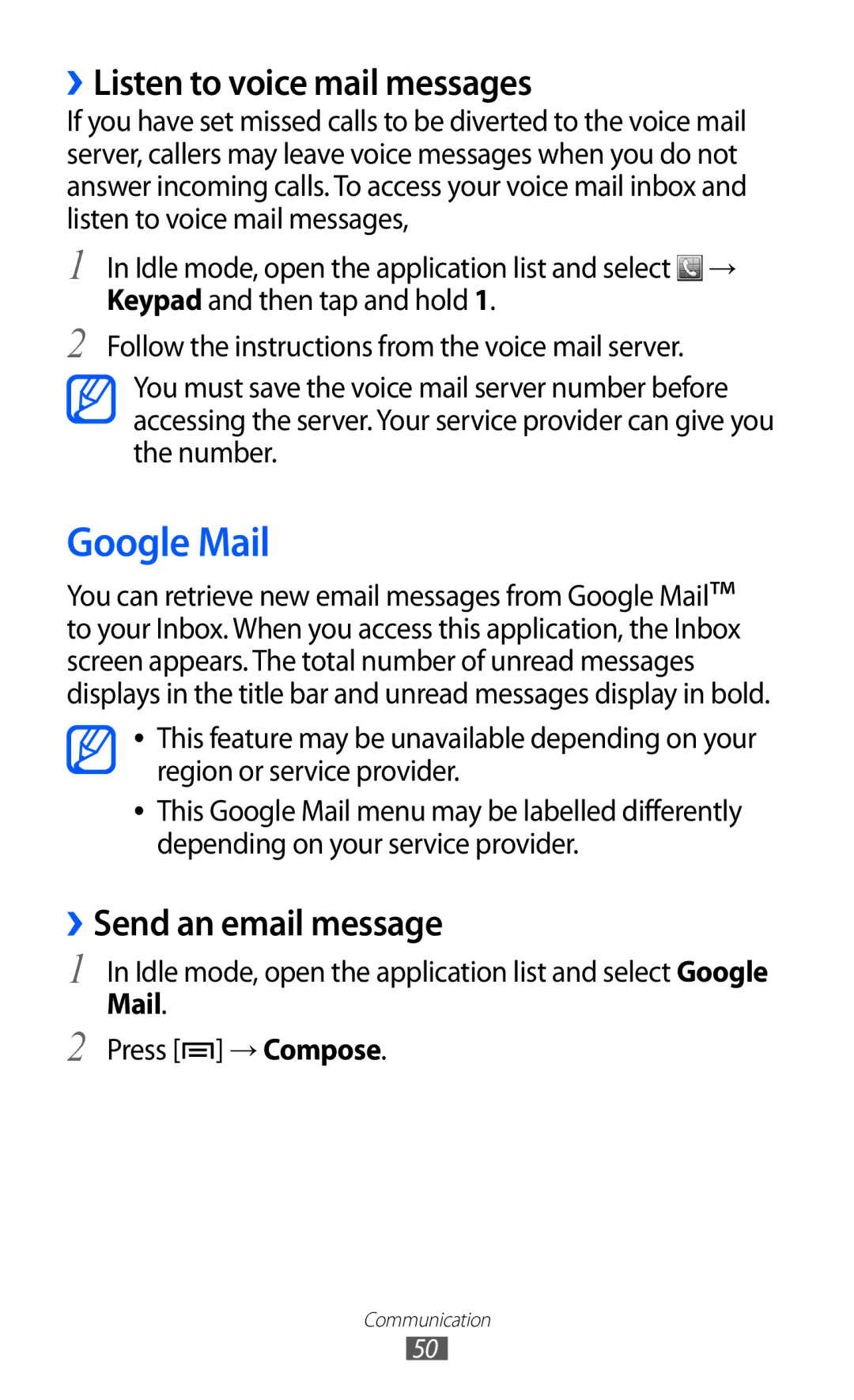 Samsung GT-S6500ZYDXXV, GT-S6500ZYDKSA manual Google Mail, ››Listen to voice mail messages, ››Send an email message 