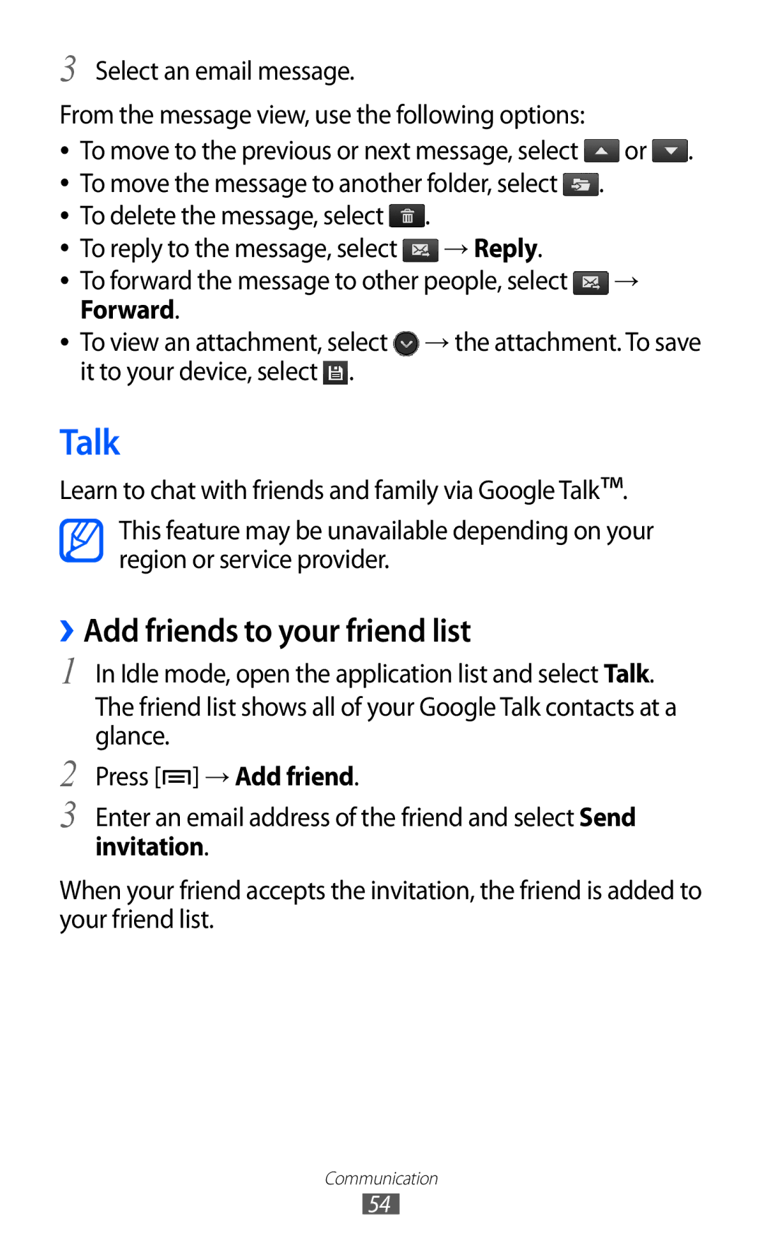 Samsung GT-S6500ZYDTUN, GT-S6500ZYDKSA, GT-S6500ZYDJED manual Talk, ››Add friends to your friend list, → Reply, Forward 