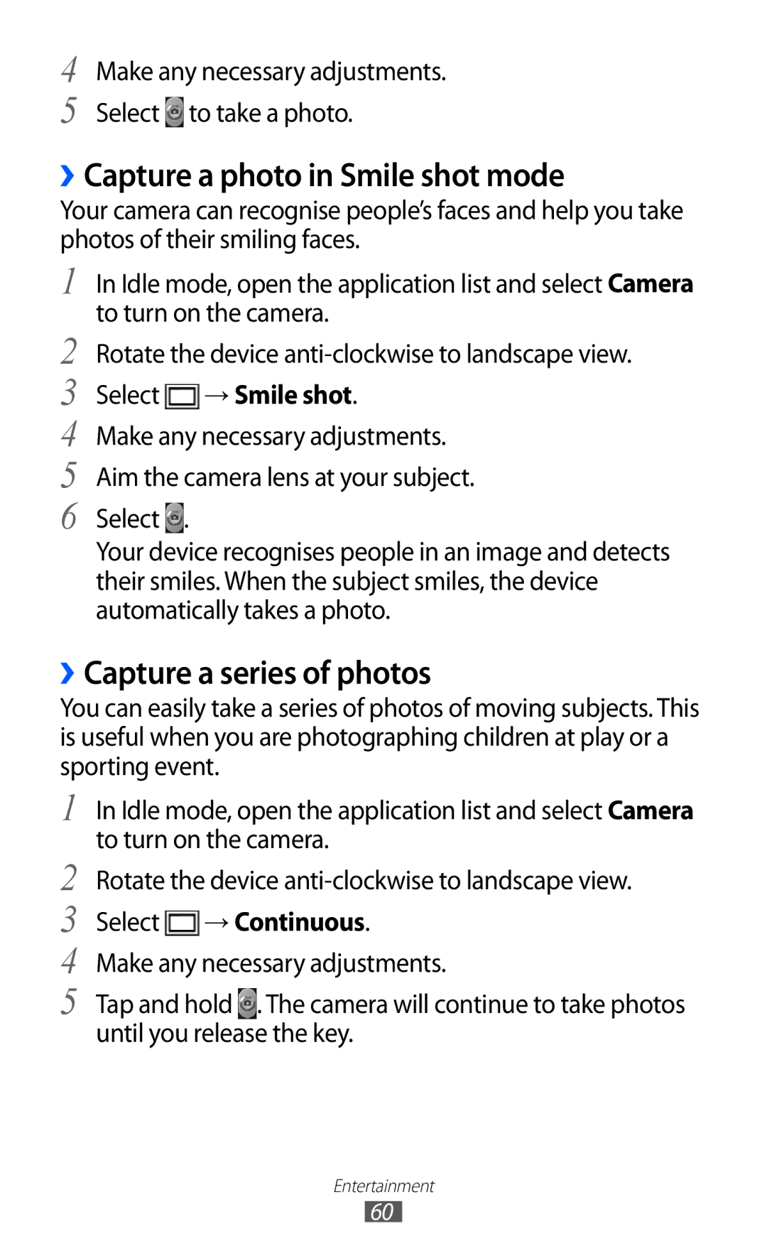 Samsung GT-S6500ZYDTMC manual ››Capture a photo in Smile shot mode, ››Capture a series of photos, Select → Smile shot 