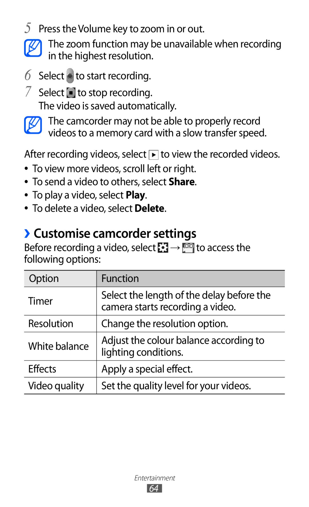 Samsung GT-S6500ZYDKSA, GT-S6500ZYDJED, GT-S6500ZYDAFG manual ››Customise camcorder settings, Video is saved automatically 