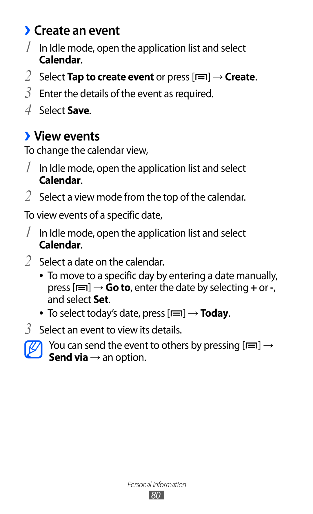 Samsung GT-S6500ZYDTUN, GT-S6500ZYDKSA, GT-S6500ZYDJED, GT-S6500ZYDAFG manual ››Create an event, ››View events, Calendar 