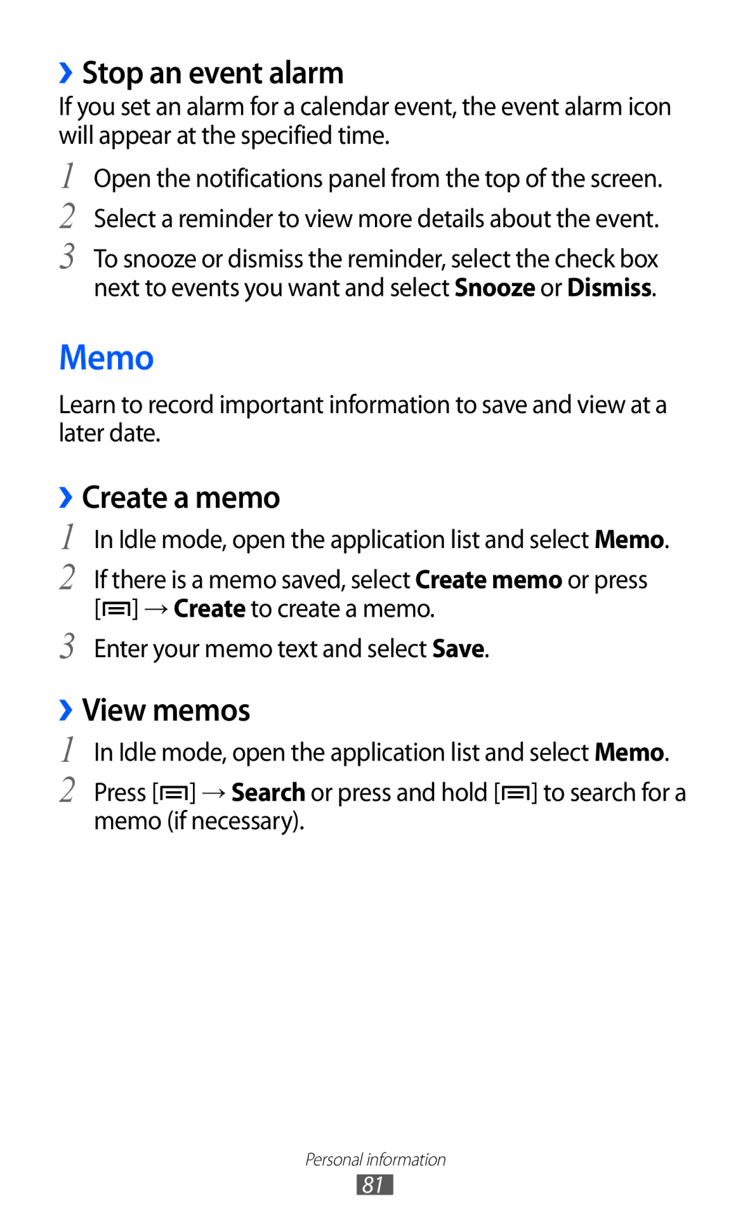 Samsung GT-S6500HADAFR, GT-S6500ZYDKSA, GT-S6500ZYDJED manual Memo, ››Stop an event alarm, ››Create a memo, ››View memos 