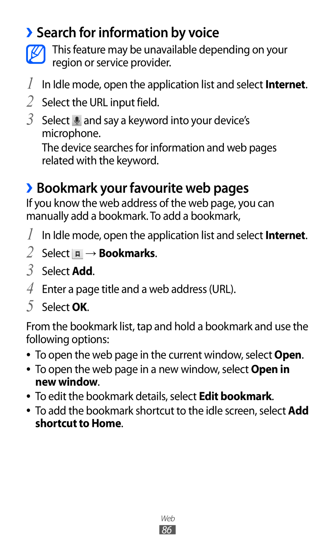 Samsung GT-S6500ZYDTMC manual ››Search for information by voice, ››Bookmark your favourite web pages, Select → Bookmarks 