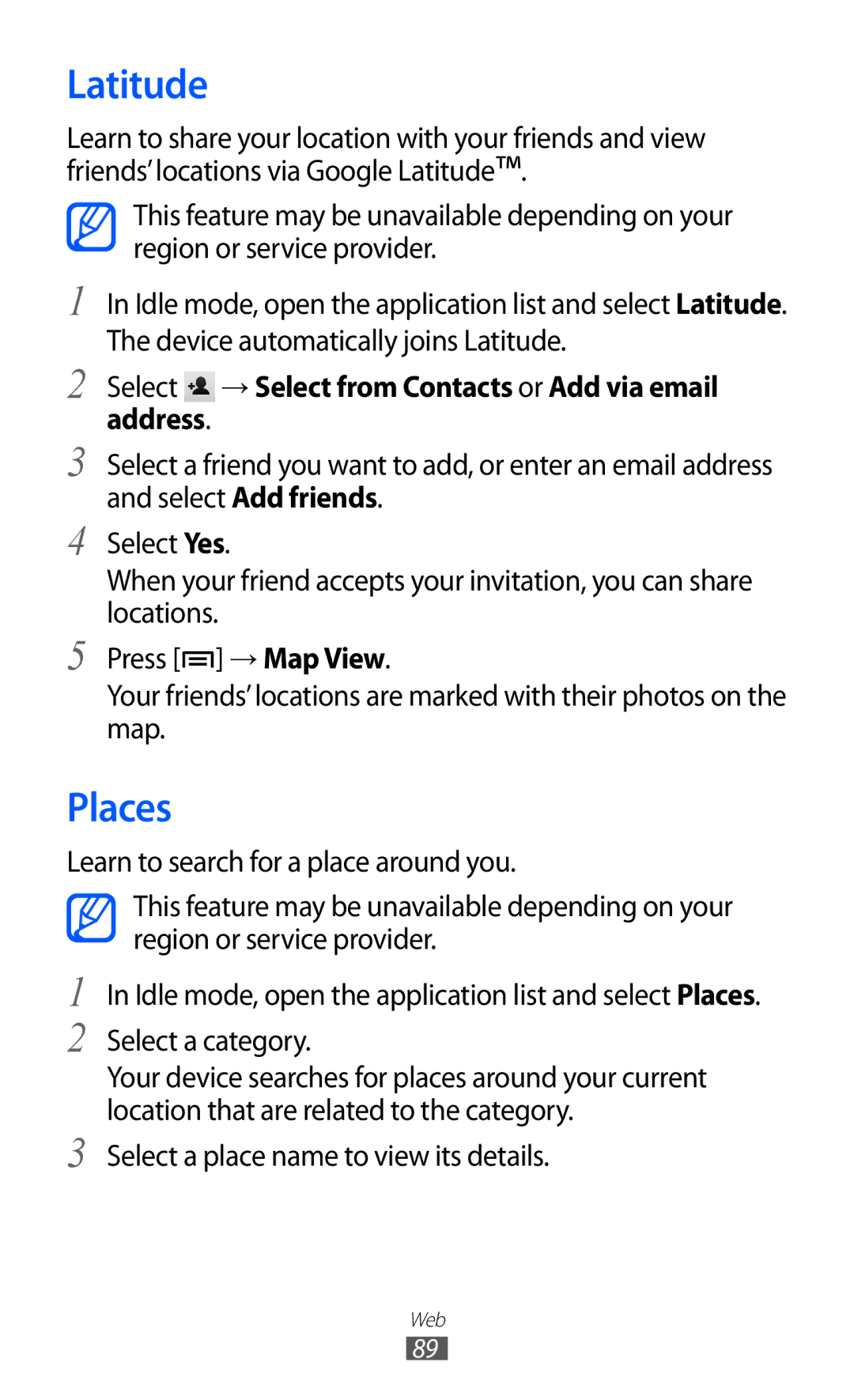 Samsung GT-S6500ZYDXXV, GT-S6500ZYDKSA manual Latitude, Places, Select → Select from Contacts or Add via email address 
