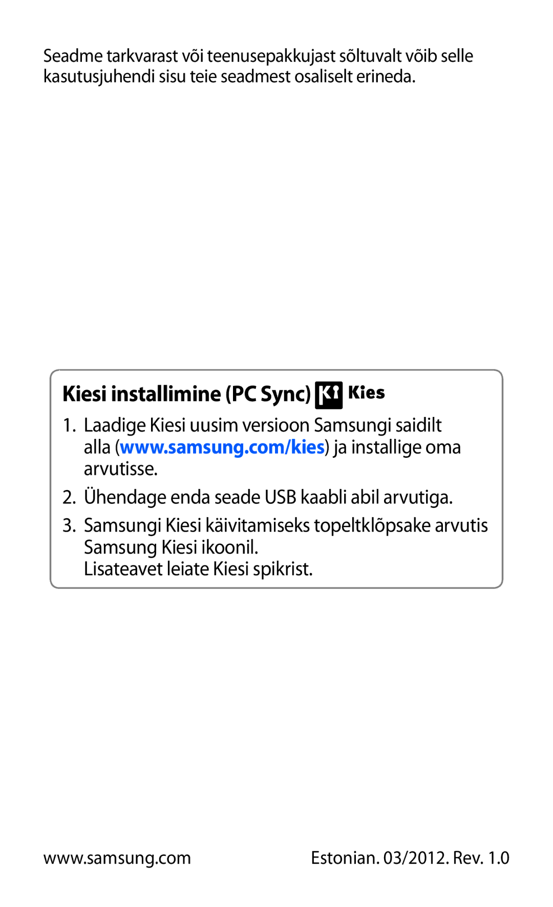 Samsung GT-S6500RWDSEB, GT-S6500ZYDSEB manual Kaip įdiegti Kies PC sinchr 