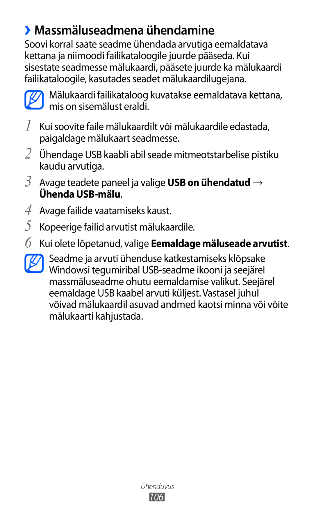 Samsung GT-S6500RWDSEB, GT-S6500ZYDSEB manual ››Massmäluseadmena ühendamine, Ühenda USB-mälu, 106 